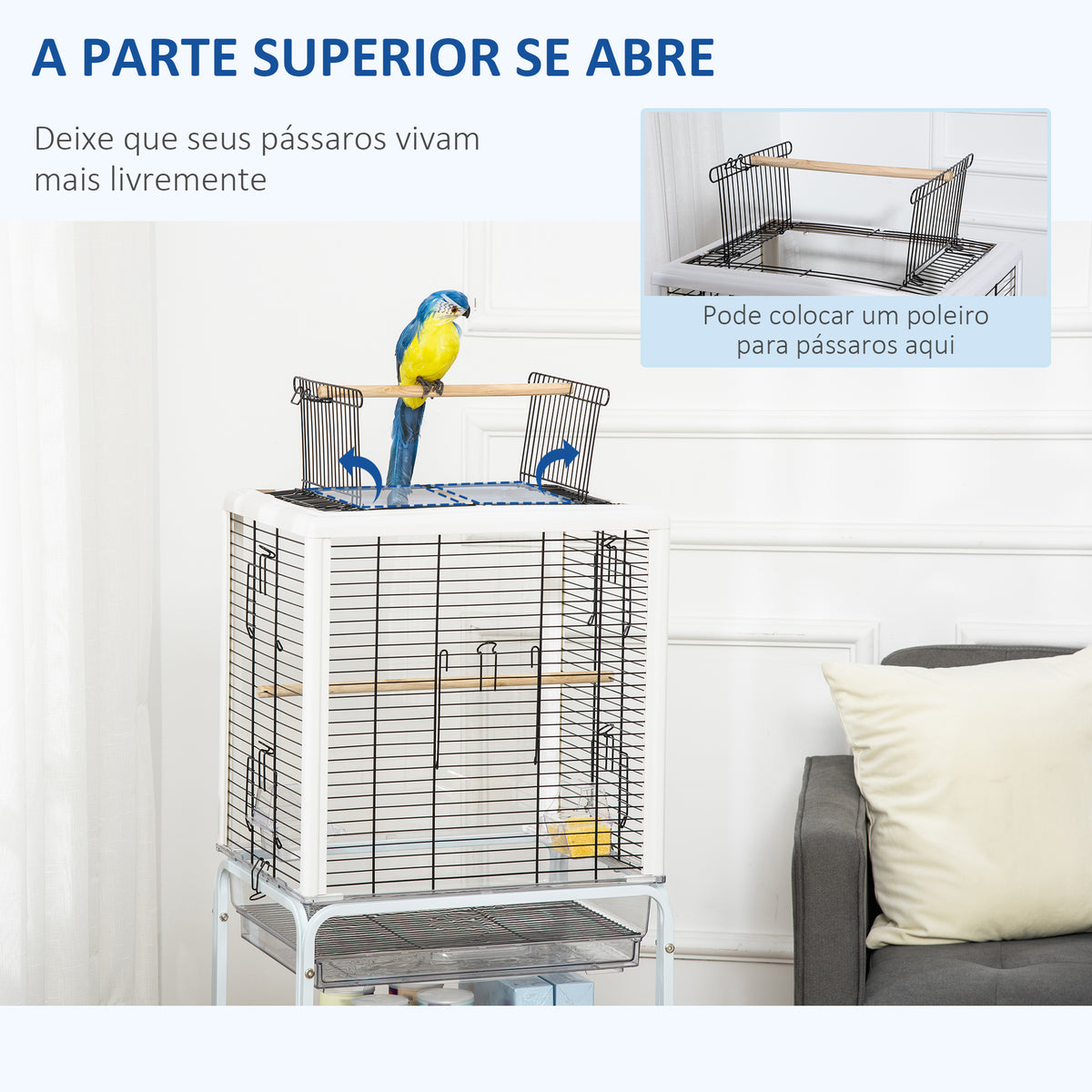 Gaiola para Passáros com Suporte Desmontável Gaiola com 4 Rodas Teto com Abertura 2 Comedouros 2 Poleiros e Bandeja para Periquitos Canários 47x35x106,5cm Branco — foto 7