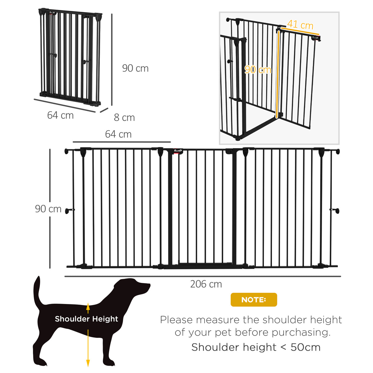 Barreira para Cães de Aço Barreira de Segurança para Animais de Estimação Dobrável de 3 Painéis Duplo Fechamento e Função de Bloqueio Auxiliar para Porta Escada 206x90 cm Preto — foto 3