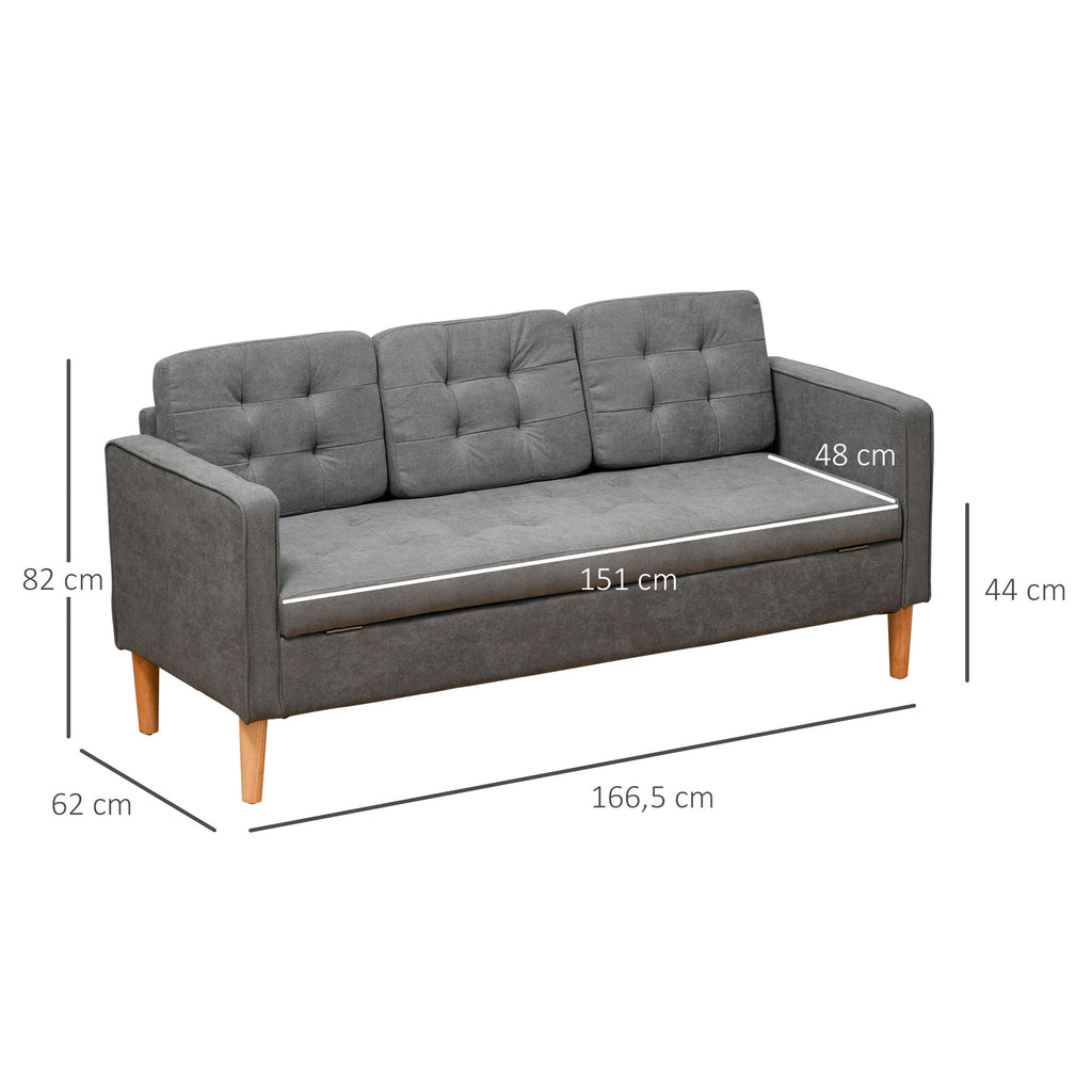 Sofá de 3 lugares acolchoado com 3 almofadas e apoios de braço Espaço de armazenamento Estilo moderno para sala de estar Quarto 166,5x62x82 cm cinza — foto 3