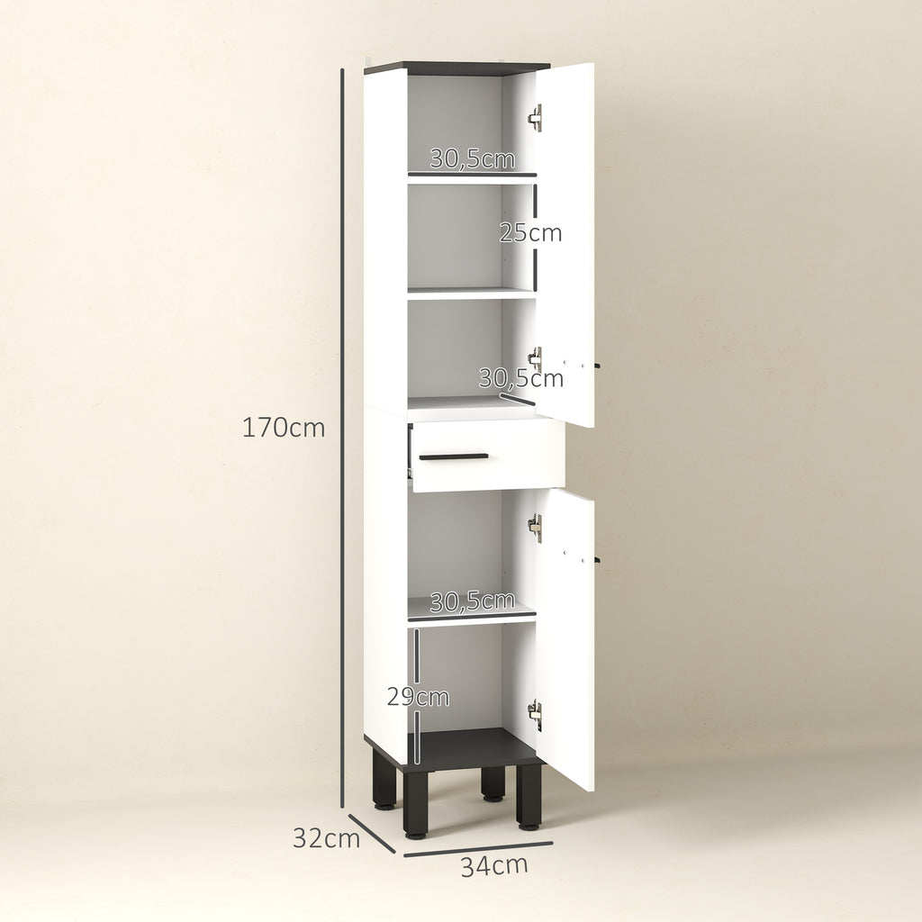 Coluna Casa de Banho Armário Alto Casa de Banho com Gaveta 2 Portas e Prateleiras Ajustáveis Móvel Auxiliar Casa de Banho Moderno Anti-Tombo 34x34x170 cm Branco — foto 3