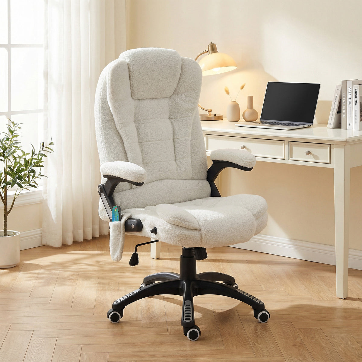 Cadeira de Massagem com 6 Pontos de Massagem Cadeira de Escritório Reclinável até 130° com Função de Aquecimento Altura Ajustável e Rodas para Estúdio 67x74x107-116 cm Branco — foto 2