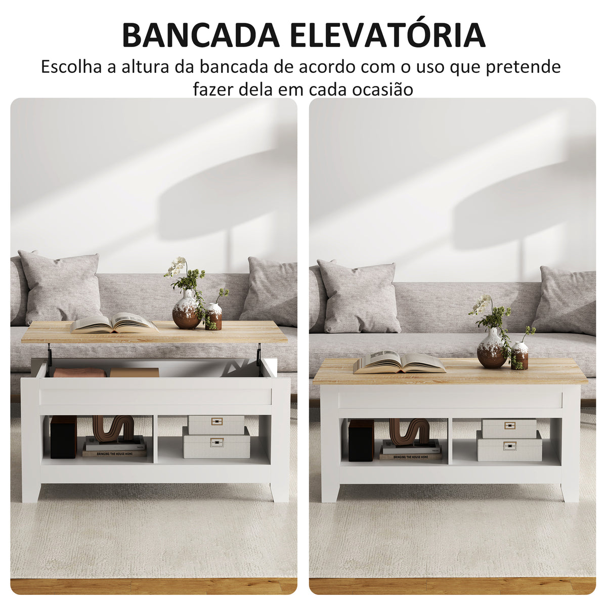 Mesa de Centro com Bancada Elevável Mesa de Centro com 2 Compartimentos Abertos Bancada de Madeira Mesa Retangular para Sala de Estar 105x50x49 cm Branco e Madeira — foto 4