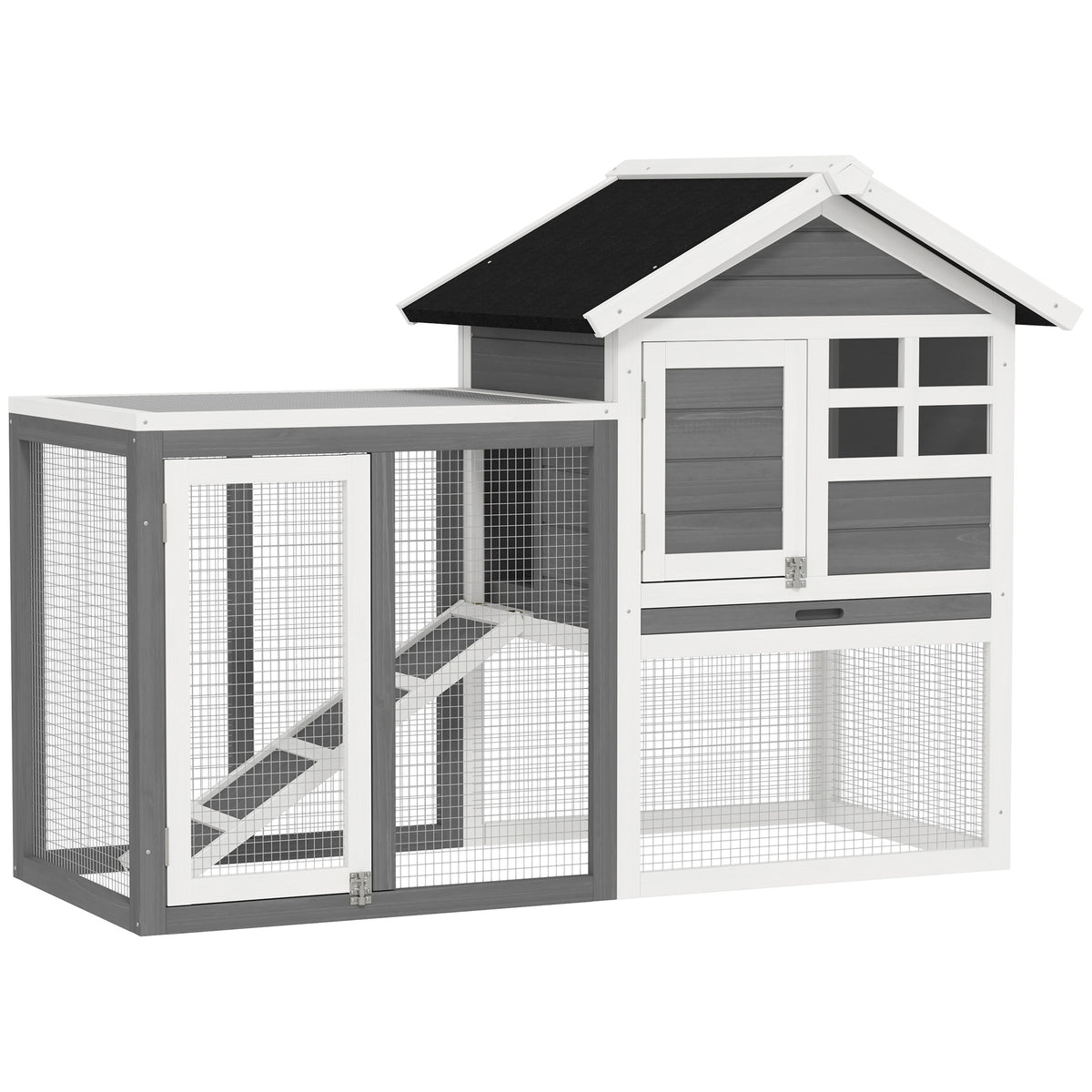 Coelheira de Madeira Exterior de 2 Níveis Gaiola para Coelhos Animais Pequenos com Zona Aberta Teto Asfáltico Bandeja Removível e Rampa 122x62,6x92 cm Cinzento — foto 1