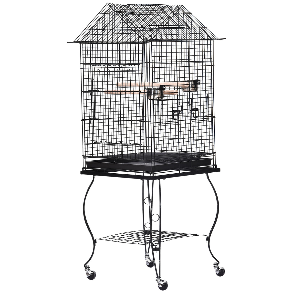 Gaiola com suporte e rodas Freios Bandeja Removível 2 alimentadores Prateleira inferior de metal para papagaios periquitos canários 51x51x135 cm preto — foto 1