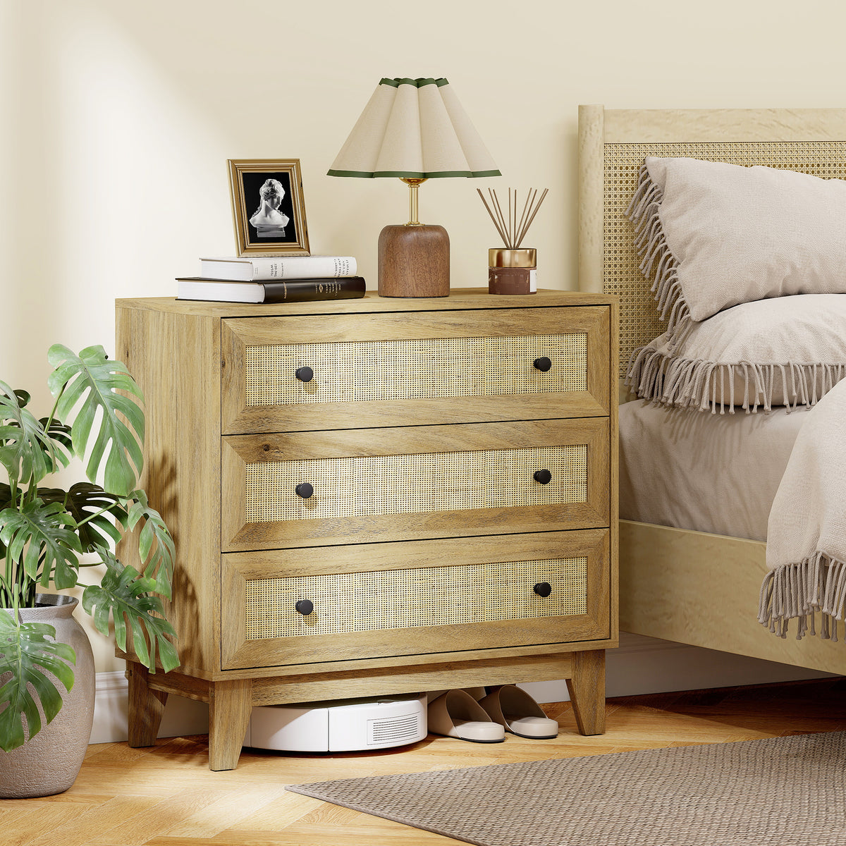 Cómoda com 3 Gavetas Cómoda de Madeira com Gavetas de Vime e Pés Elevados para Sala de Estar Dormitório Escritório 80x35x76 cm Madeira — foto 2