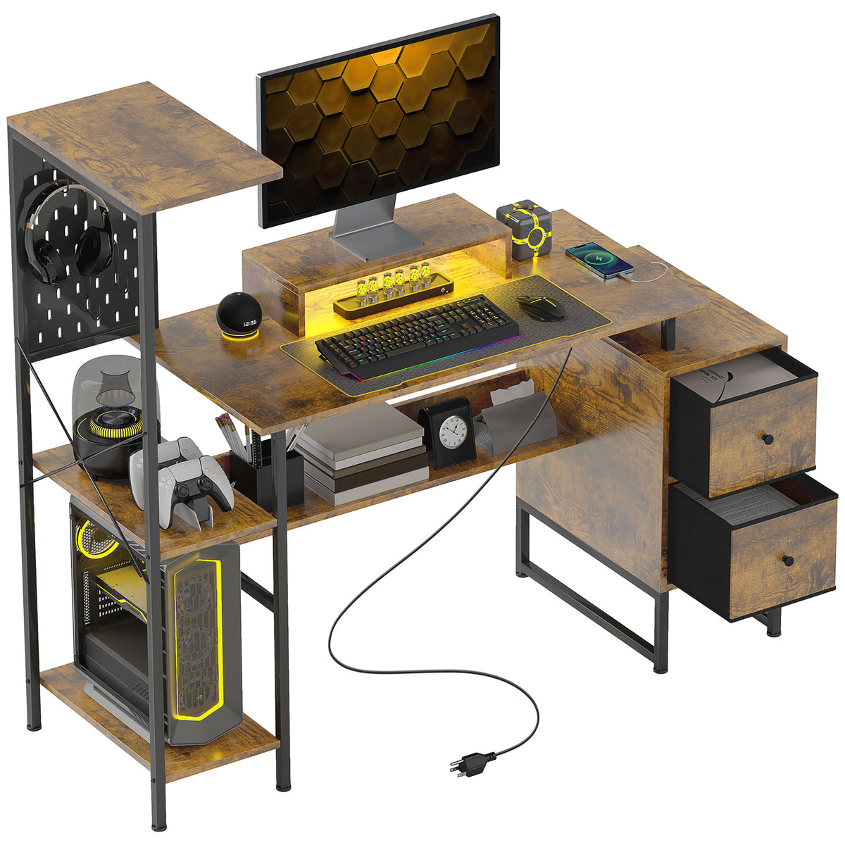 Secretária Estilo Industrial Secretária com Luzes LED Estação de Carga Suporte para Monitor Controlo Remoto e Painel Perfurado para Escritório Estúdio 142x50x126,5 cm Castanho Rústico — foto 1