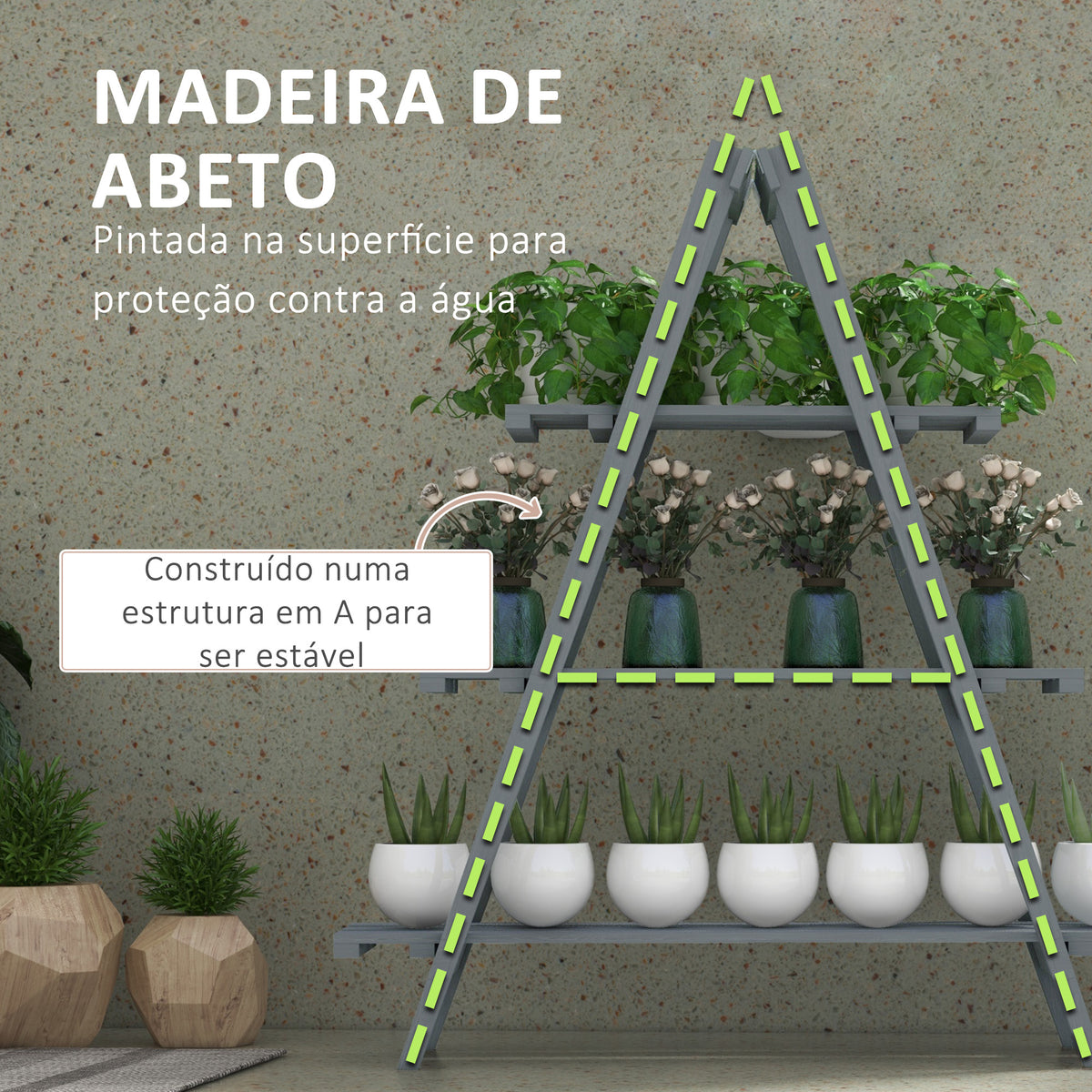 Suporte de Madeira para Plantas Dobrável Estante Decorativo para Vasos de 3 Níveis com Estrutura em Forma de A para Jardim Pátio Varanda 100x36x112 cm Cinza — foto 6
