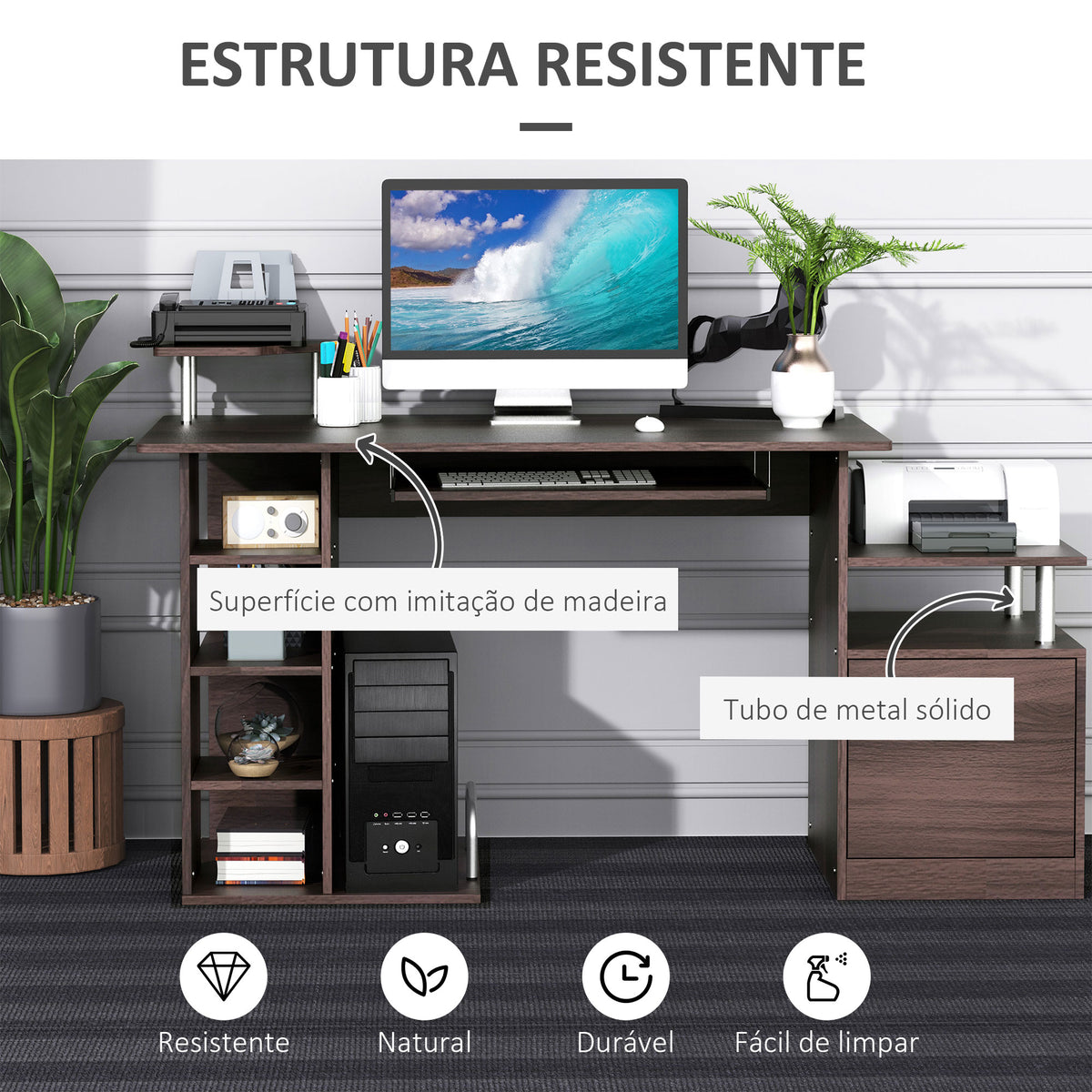 Mesa para Computador 120cm Secretária para Escritório com Múltiplas Prateleiras Gavetas Bandeja de Teclado Suporte para Monitor Impressora e CPU 152x60x88cm Marrom — foto 5
