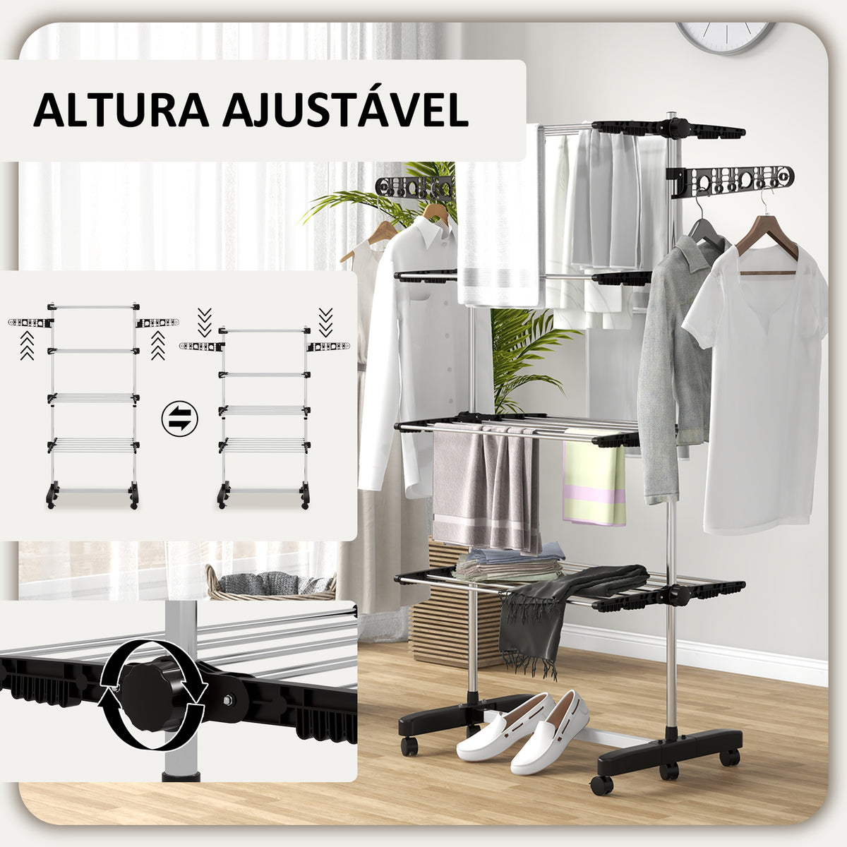 Estendal Vertical Dobrável de 4 Níveis Estendal de Roupa com 6 Rodas 2 Laterais Dobráveis Prateleiras Ajustáveis e Estrutura de Aço Inoxídável para Interior e Exterior Preto — foto 4