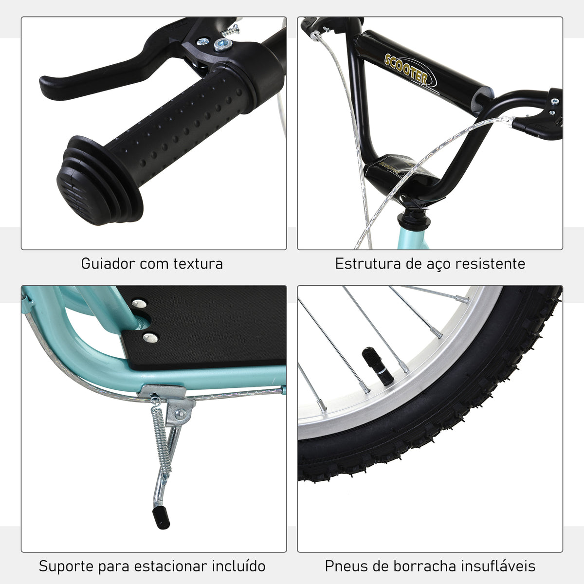 Trotinete para Crianças acima de 5 Anos e Adolescentes com Guiador Ajustável em Altura 2 Pneus de Borracha Insufláveis com Travagem Dupla e Rodas 16" Carga 100 kg 139x58x90-96 cm Azul — foto 6