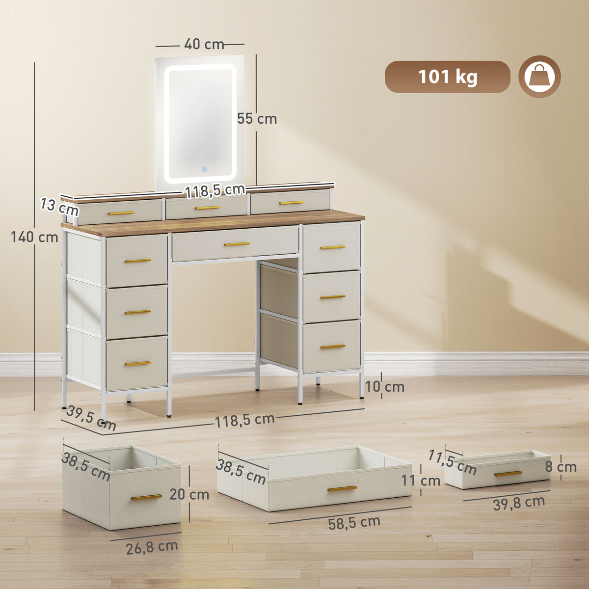 Toucador com Luzes LED de 3 Cores Toucador de Maquilhagem com Espelho Mesa de Maquilhagem com 10 Gavetas de Tecido Pés em Aço Moderno para Quarto Sala de Estar Madeira — foto 3