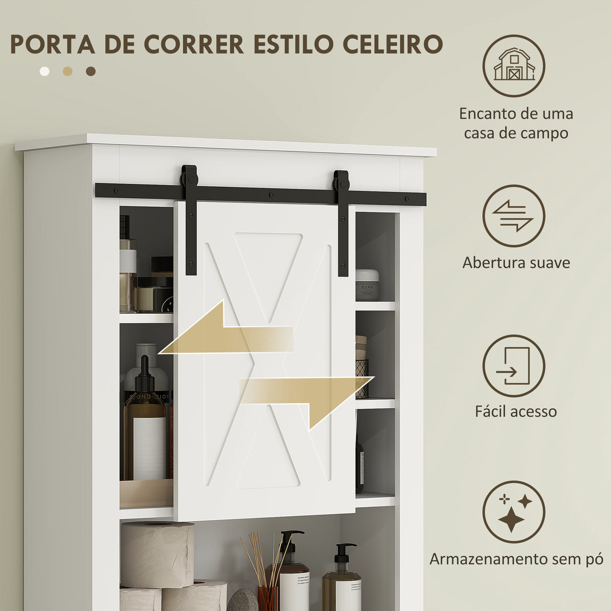Móvel sobre Sanita Armário sobre Sanita com Porta de Correr Estilo Celeiro e 6 Compartimentos Móvel Casa de Banho Rústico 67x25x172 cm Branco — foto 4