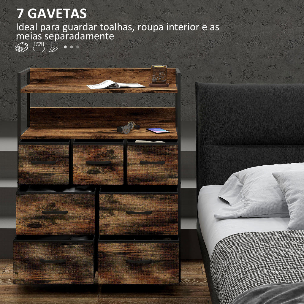 Cómoda para Dormitório Cómoda com 7 Gavetas Dobráveis Prateleiras Abertas e Estrutura de Aço Cómoda Estreito para Sala Entrada 79x29x101 cm Castanho Rústico — foto 4