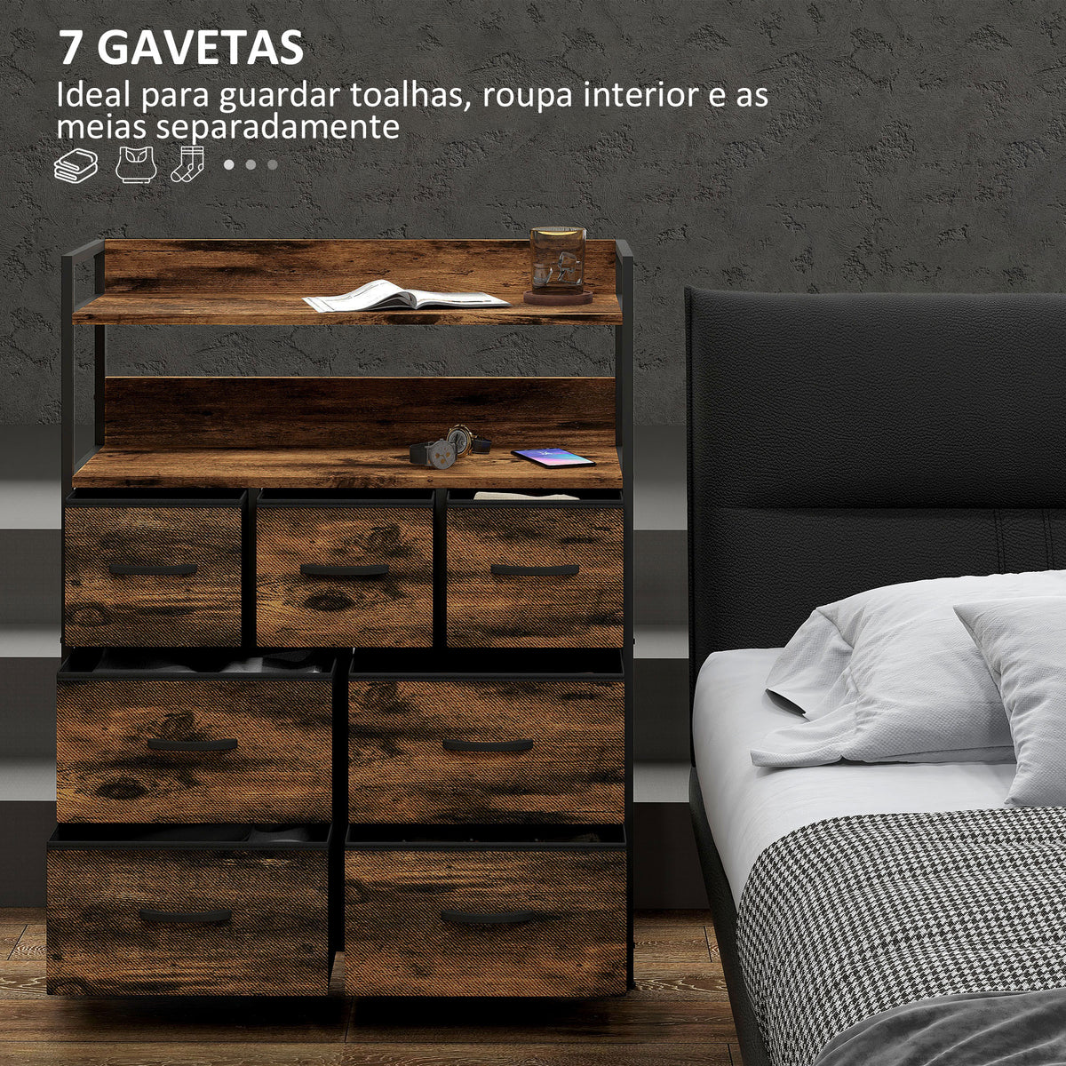Cómoda para Dormitório Cómoda com 7 Gavetas Dobráveis Prateleiras Abertas e Estrutura de Aço Cómoda Estreito para Sala Entrada 79x29x101 cm Castanho Rústico — foto 4