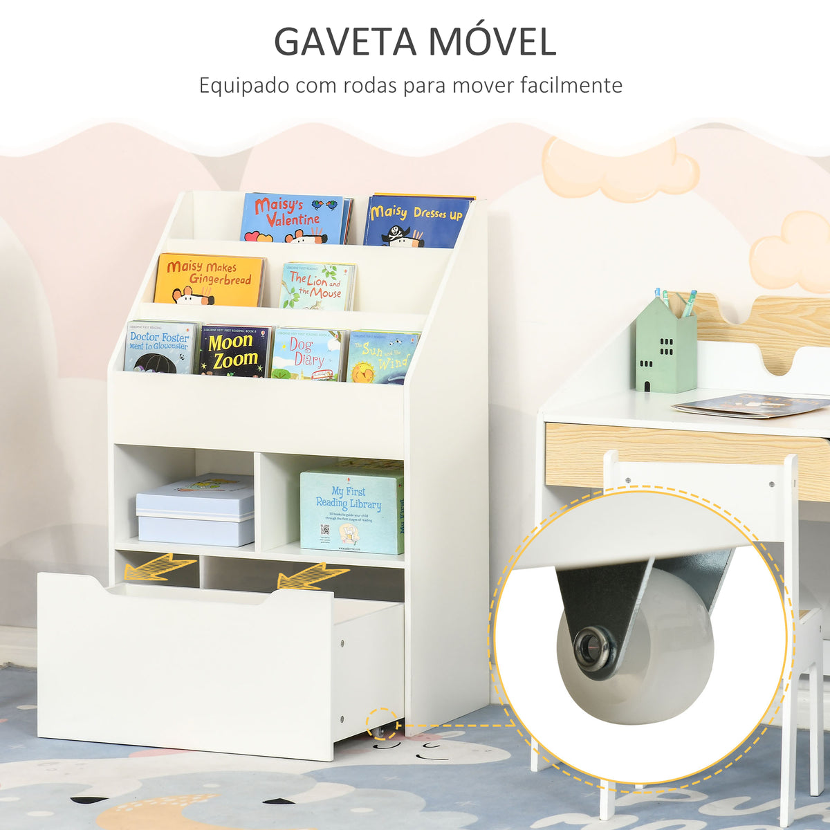 Estante de Madeira para Brinquedos com 3 Compartimentos 2 Cubos e Gaveta Móvel com 4 Rodas Estante para Livros Infantil para Dormitório Infantil Sala de Jogos 60x29,9x90cm Branco — foto 6