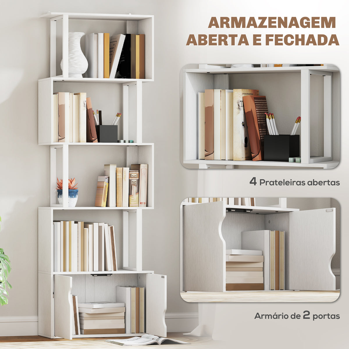 Estante de 5 Níveis em Forma de S Estante de Livros com 5 Prateleiras e 2 Portas para Sala de Estar Escritório Estúdio Dormitório 60x23,8x179,2 cm Branco — foto 4
