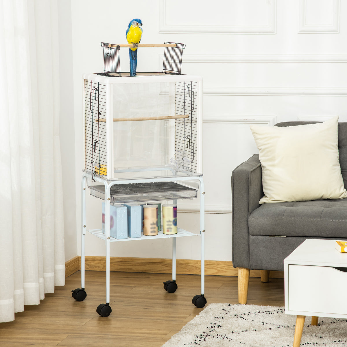 Gaiola para Passáros com Suporte Desmontável Gaiola com 4 Rodas Teto com Abertura 2 Comedouros 2 Poleiros Bandeja Removível 47x35x106,5cm Branco — foto 2