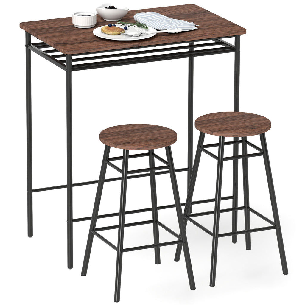 Conjunto de Mesa e Bancos de Bar Mesa Alta de Cozinha com 2 Bancos Industrial Prateleira Aberta Apoio para Pés Economia de Espaço para Espaços Reduzidos Sala de Estar Castanho — foto 1