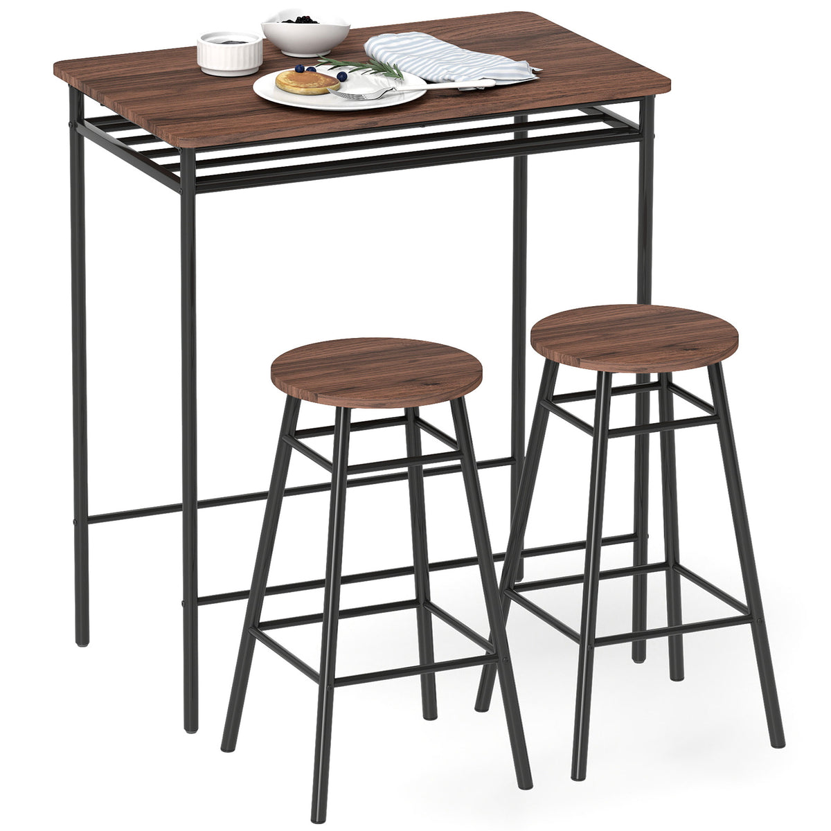 Conjunto de Mesa e Bancos de Bar Mesa Alta de Cozinha com 2 Bancos Industrial Prateleira Aberta Apoio para Pés Economia de Espaço para Espaços Reduzidos Sala de Estar Castanho — foto 1