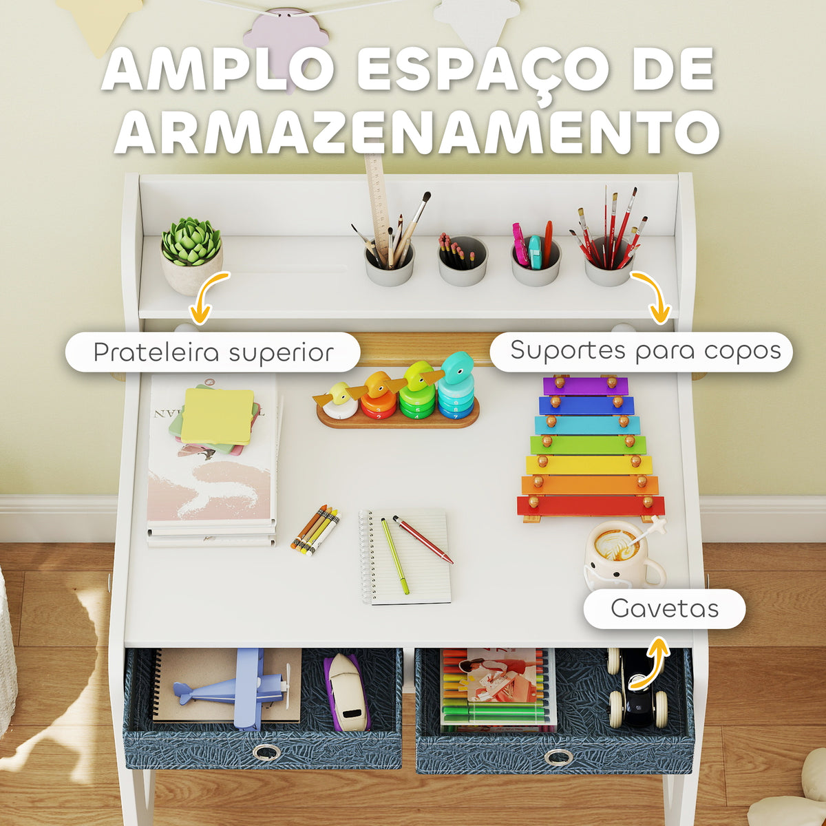Secretária Infantil com Cadeira Secretária para Crianças com 2 Gavetas Extraíveis Estante e Porta-Copos para Estudar Ler e Desenhar Mesa para Crianças para Quarto Sala de Estudo Branco — foto 5