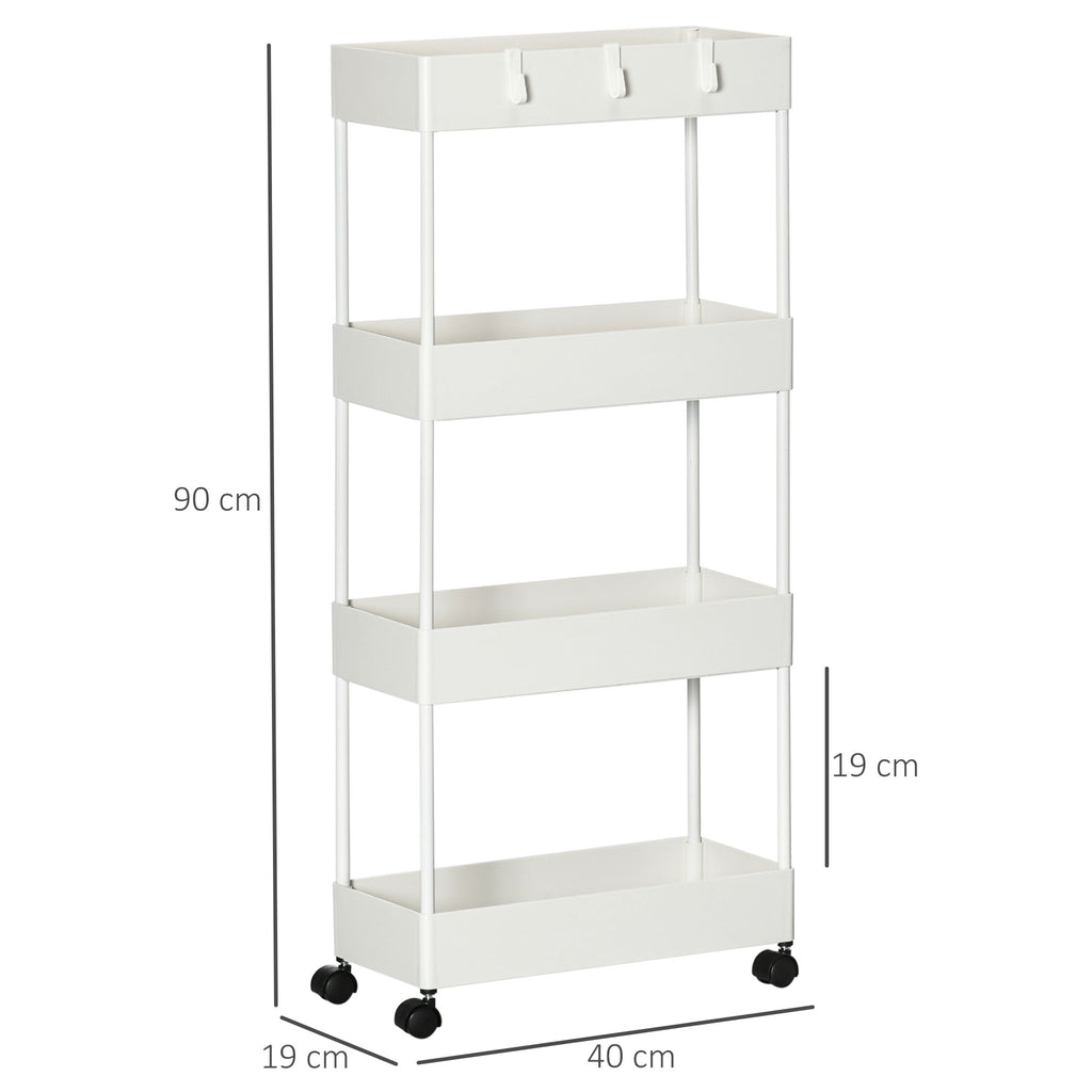 Carrinho Auxiliar com Rodas Carrinho de Armazenamento com 4 Cestas e 4 Ganchos Amovíveis para Cozinha Casa de Banho Sala de Estar 40x19x90 cm Branco — foto 3