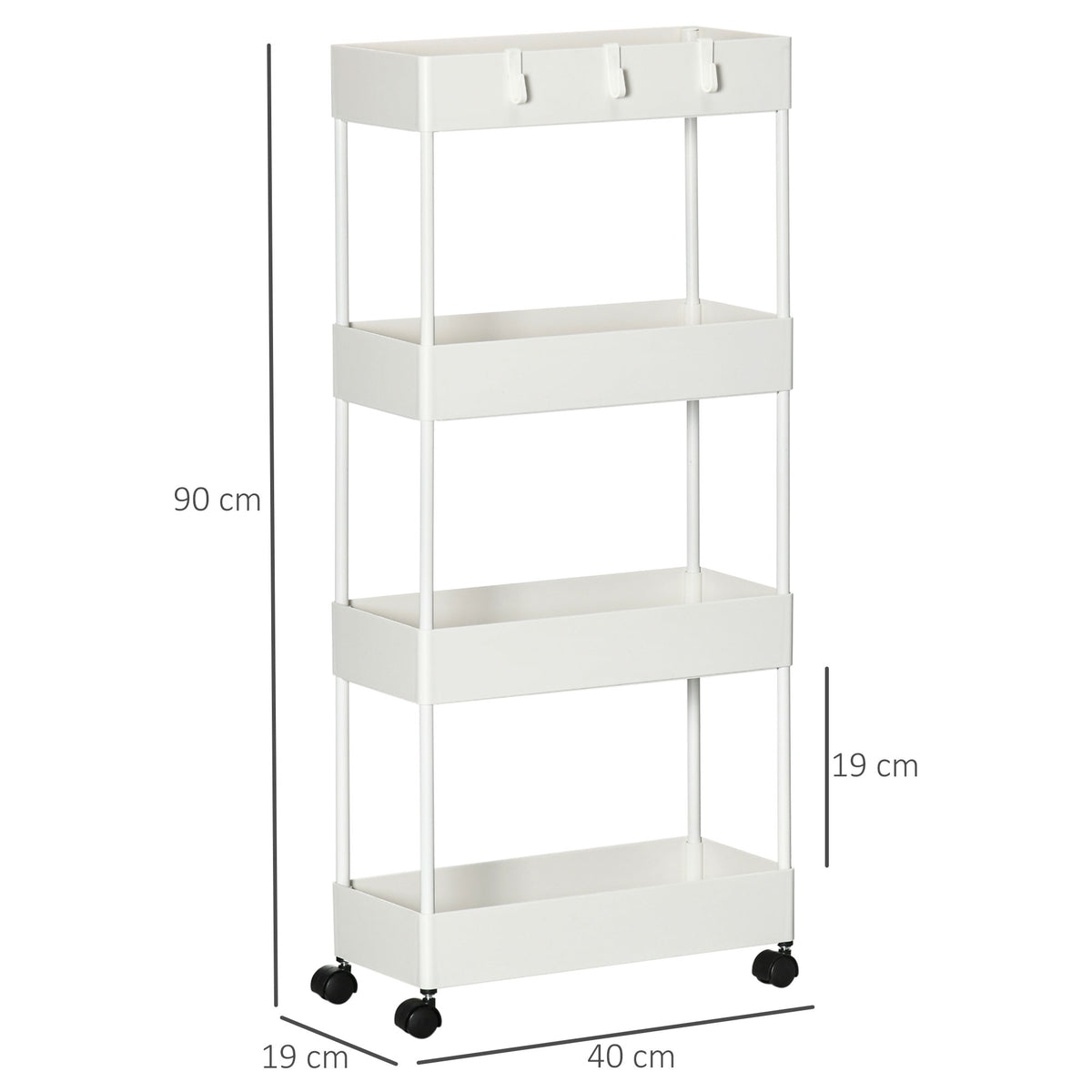 Carrinho Auxiliar com Rodas Carrinho de Armazenamento com 4 Cestas e 4 Ganchos Amovíveis para Cozinha Casa de Banho Sala de Estar 40x19x90 cm Branco — foto 3