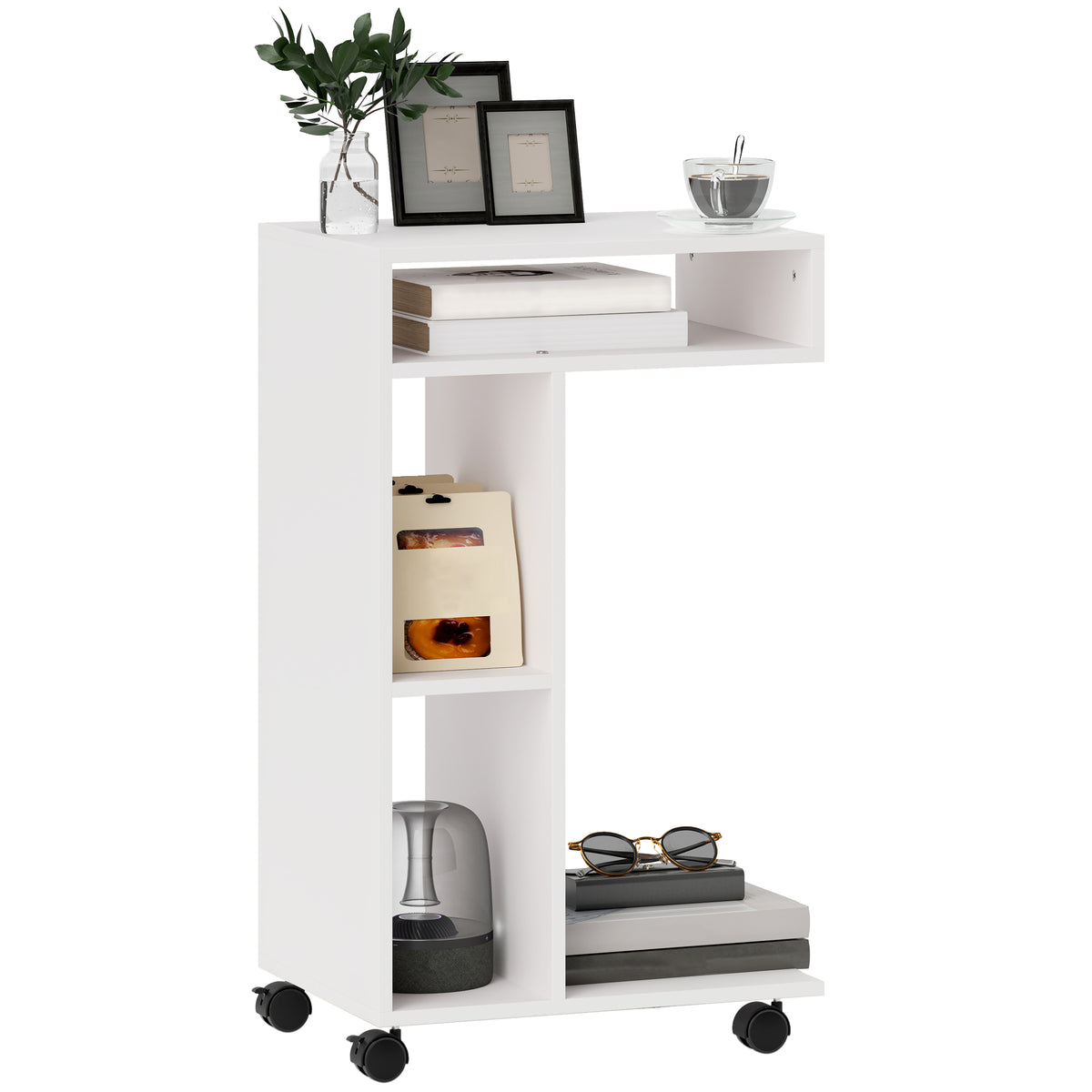 Mesa Auxiliar em Forma de C Mesa Auxiliar para Sofá com Rodas Compartimentos Abertos Mesa Lateral para Sala de Estar Dormitório 40x30x69 cm Branco — foto 1
