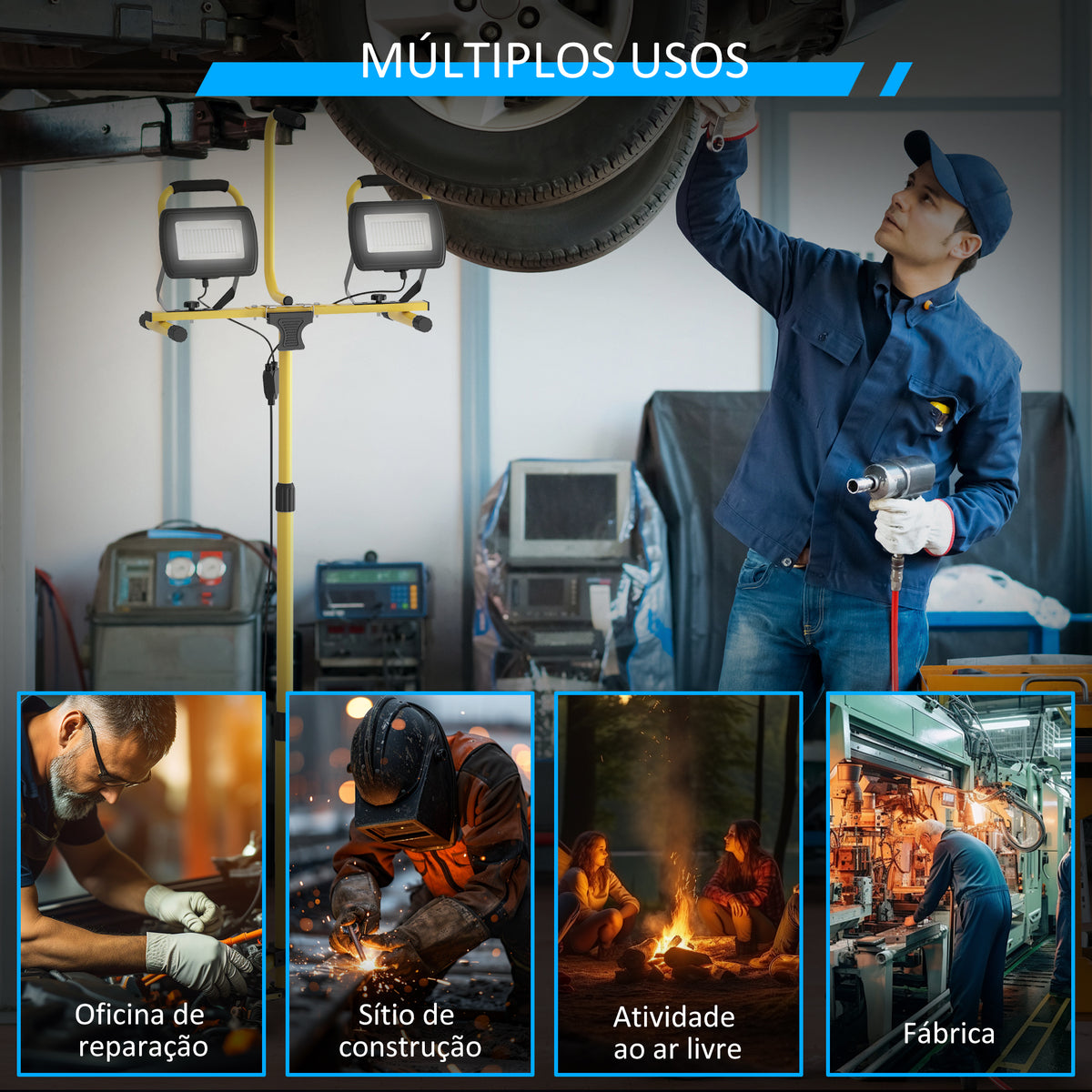 Projetor LED Duplo Recarregável de Alumínio com Tripé Dobrável 8500 Lúmenes IP65 6500K e Cabeças Ajustáveis para Trabalho Interior e Exterior Amarelo e Preto — foto 7