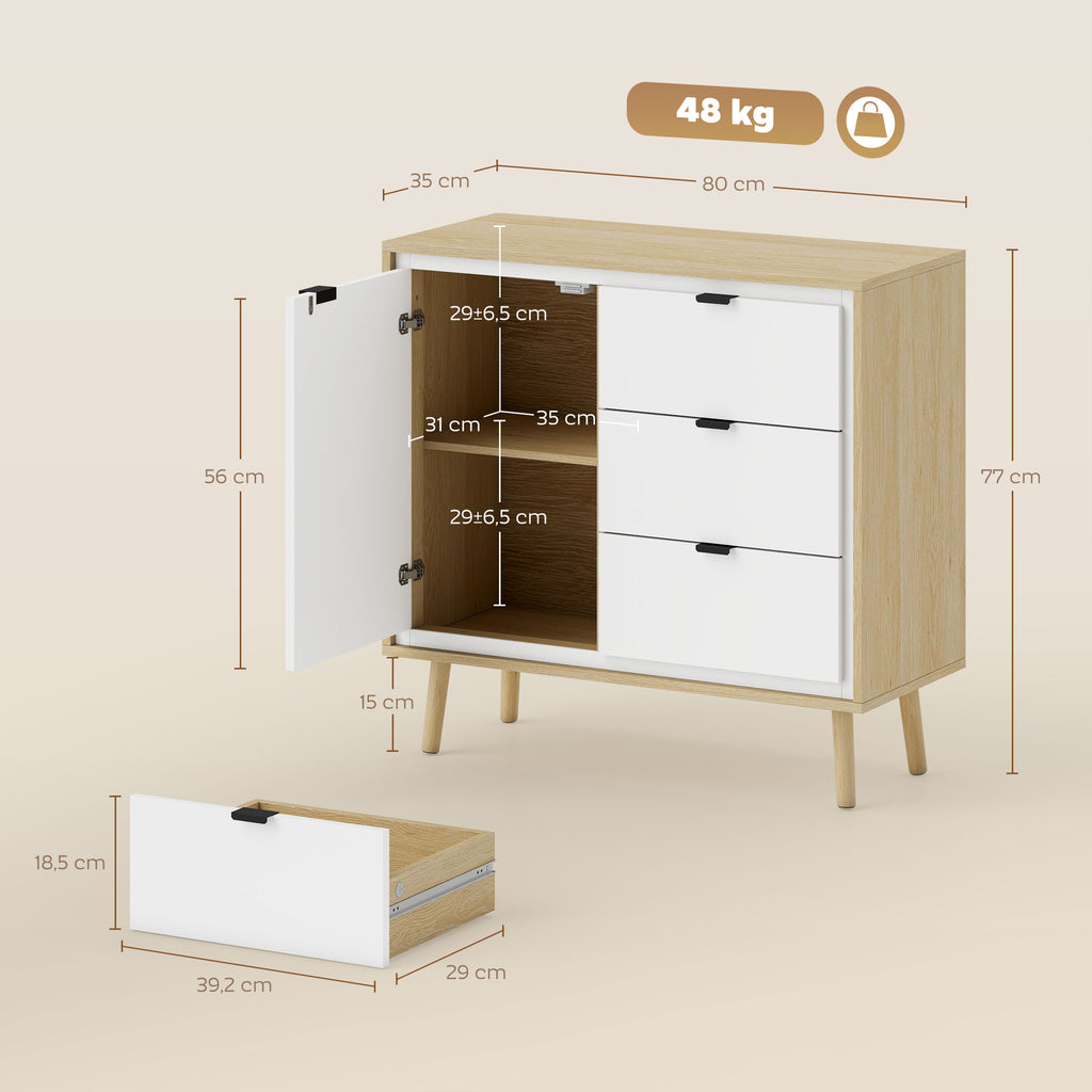 Aparador de Sala Moderno com 3 Gavetas Prateleira Ajustável e Pés em Madeira para Cozinha Entrada Quarto 80x35x77 cm Branco Brilhante e Carvalho — foto 3