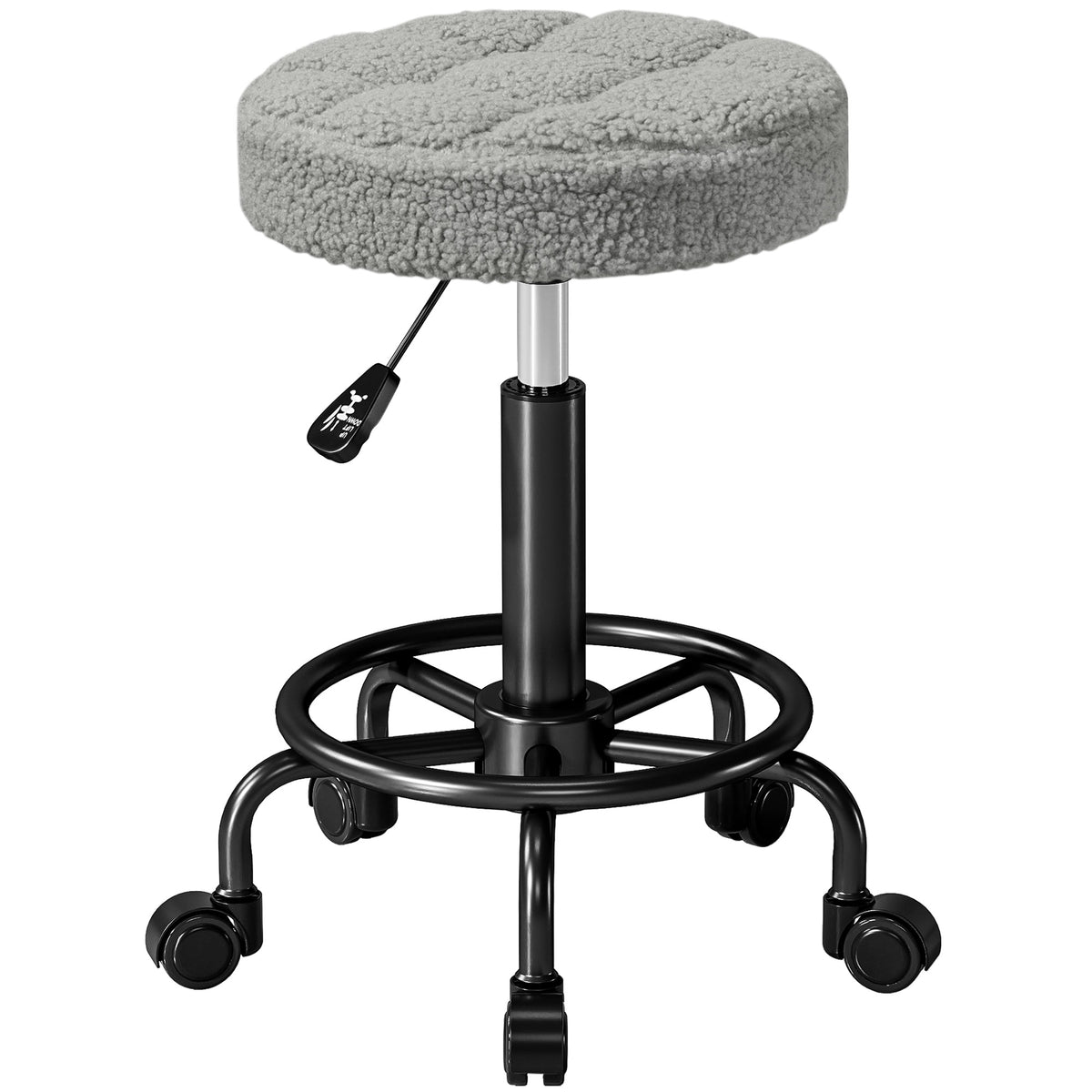 Banco Giratório Redondo Banco com Rodas Altura Regulável 50-66 cm Assento Estofado em Tecido tipo Borreguito para Salões Oficinas Spa Massagem Cinza — foto 1