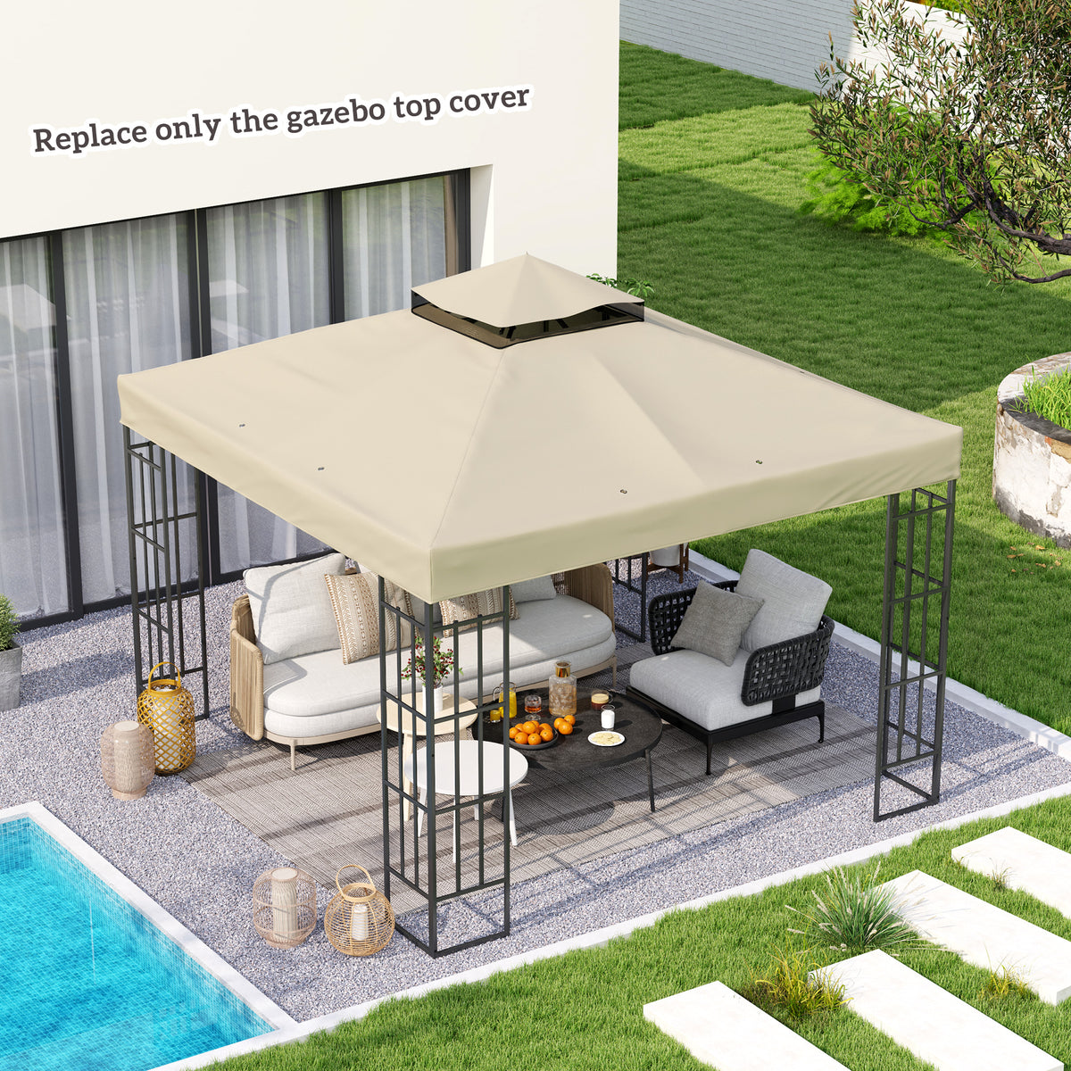 Teto de Substituição para Pérgula, 3x3 m, Cobertura de Substituição com Telhado Duplo, Orifícios de Escoamento e Proteção UPF30+, APENAS Toldo de Substituição para Pavilhão Gazebo, Creme — foto 2