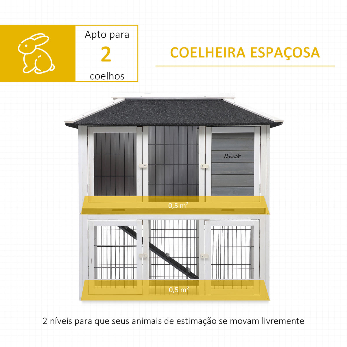 Coelheira de Madeira Exterior Gaiola Elevada para 2 Coelhos com Teto Asfáltico Cerca de Metal Bandeja Removível Múltiplas Portas e Rampa 117x62,5x115cm Cinza — foto 4