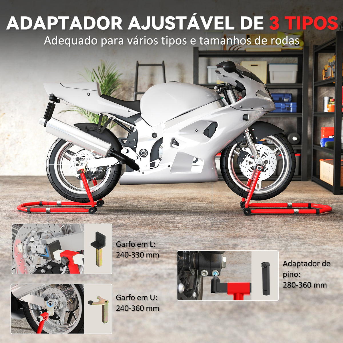 Suporte de Roda Dianteira e Traseira para Mota Carga 390 kg Cavalete Moto Elevador Universal com Adaptadores de Garfos em U e L Ajustáveis e Rodas para Reparação e Manutenção Vermelho — foto 5