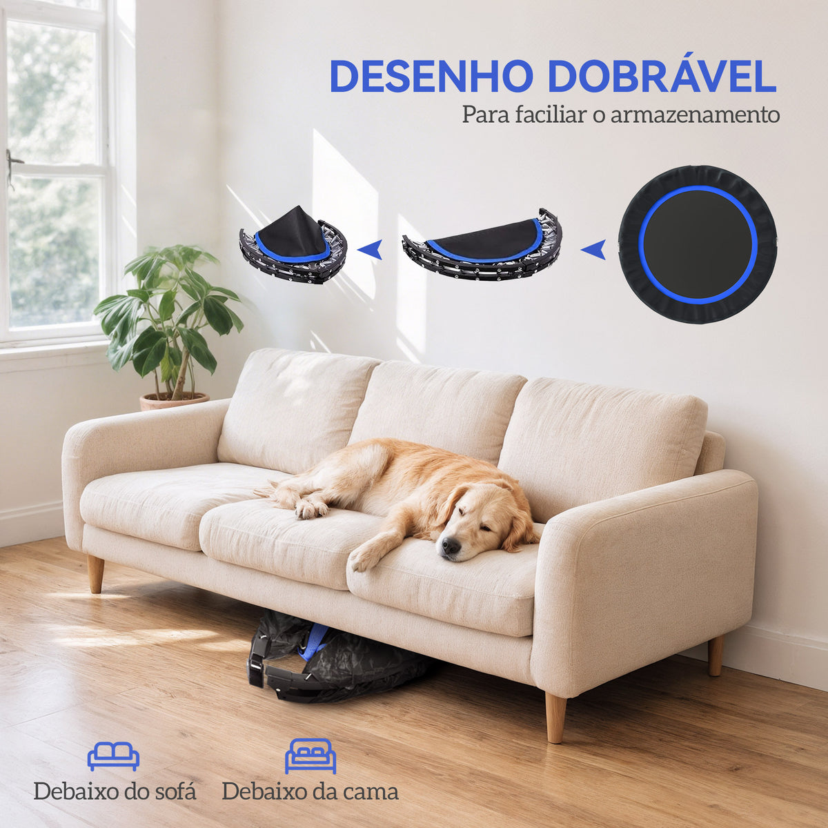 Trampolim de Fitness Ø102 cm Trampolim Dobrável com Guiador Ajustável de 4 Níveis e Bandas para Treino de Pernas e Corpo em Casa Escritório Ginásio e Exterior Carga 150 kg Azul — foto 5