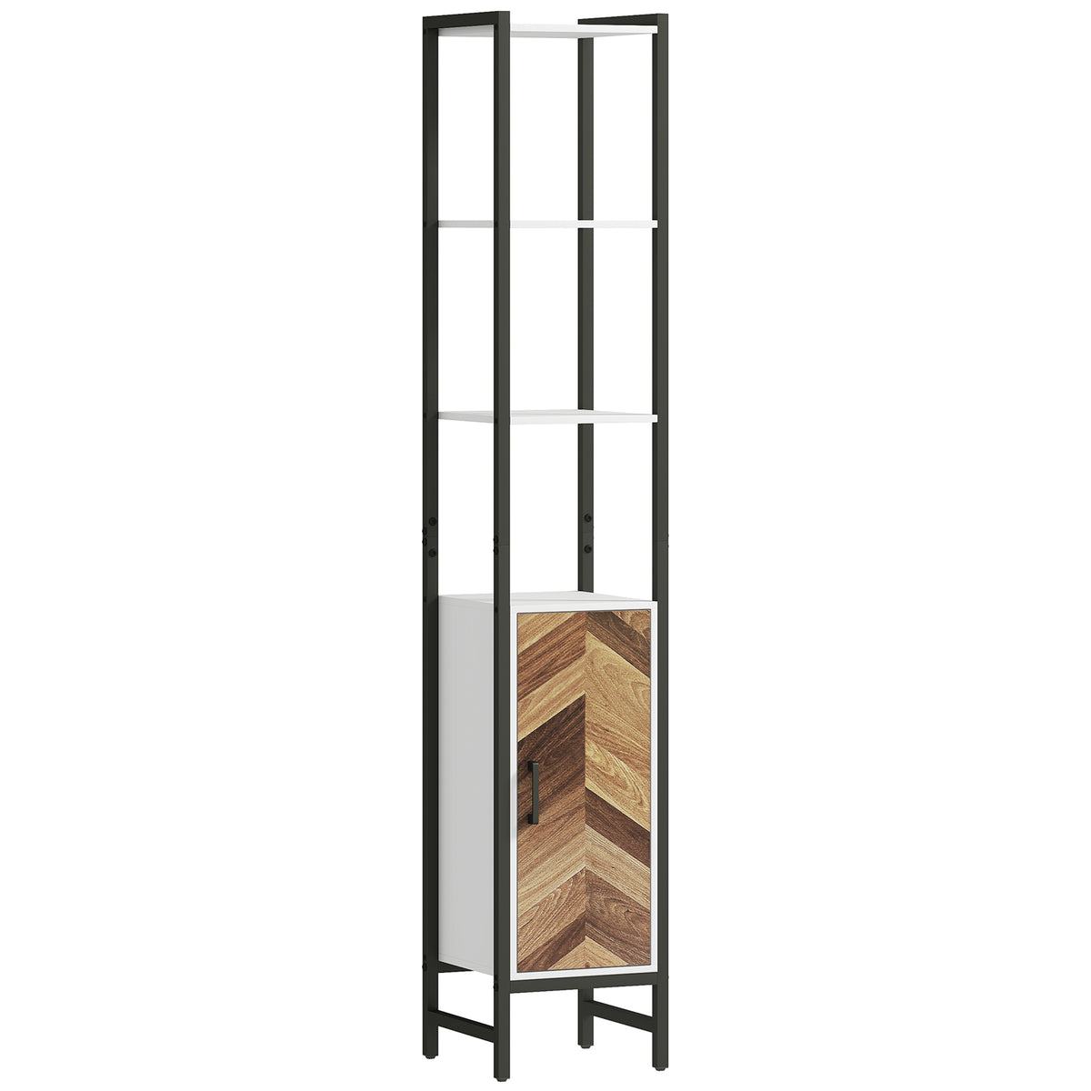 Coluna Casa de Banho Armário Alto Casa de Banho com 3 Prateleiras Abertas 1 Porta e Prateleira Ajustável Móvel Auxiliar Casa de Banho com Sistema Anti-Tombo 30x30x170 cm Branco e Madeira — foto 1