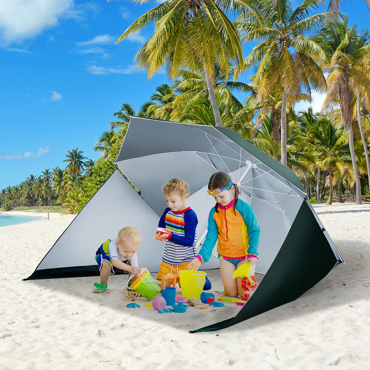Chapéu de Sol de Praia com Painéis Laterais Tipo Tenda Chapéu de Sol para Praia com Proteção UV Φ210x222cm Verde Escuro — foto 2