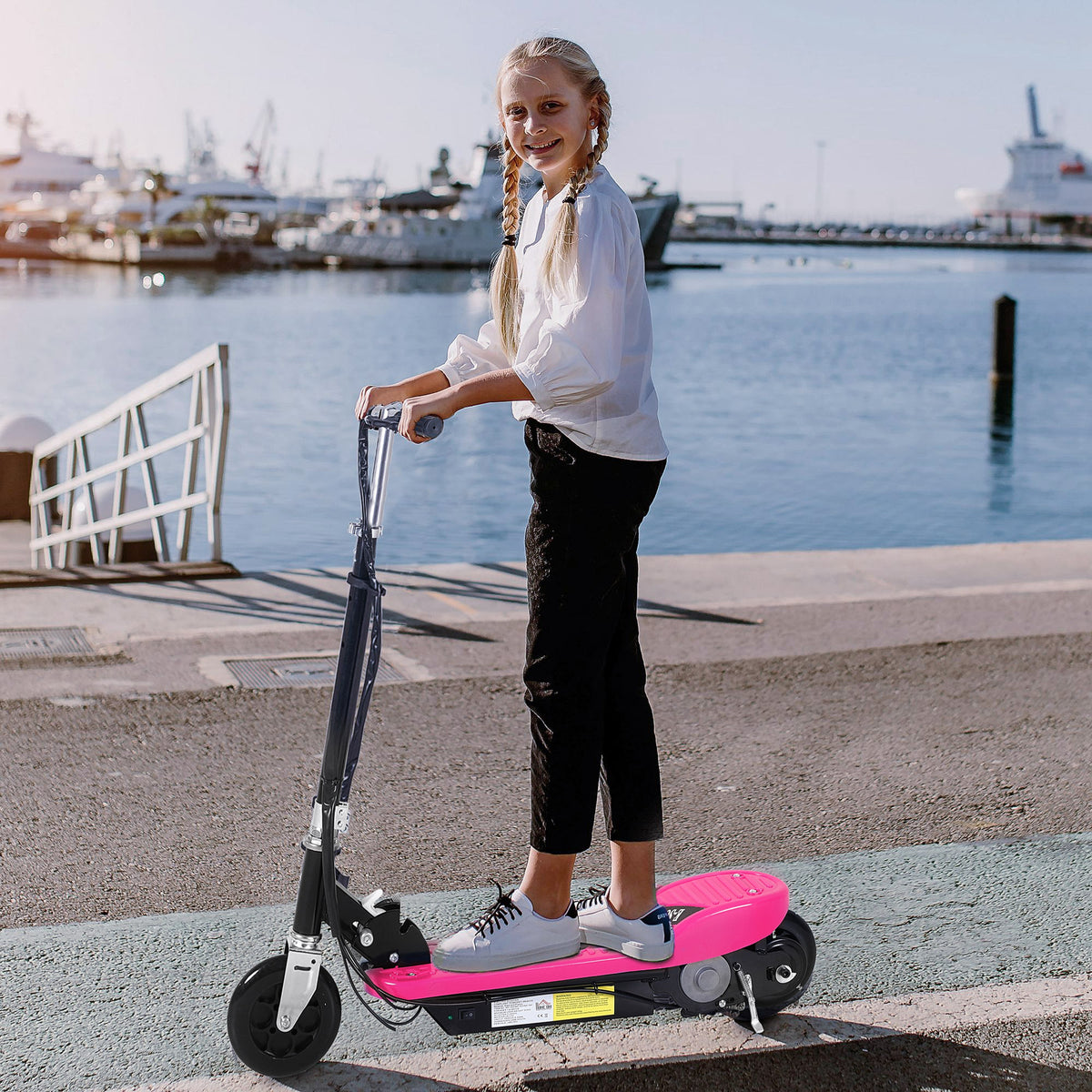 Trotinete Elétrica Dobrável para Crianças e Adolescentes acima de 7 Anos Velocidade de 10km/h Trotinete Elétrica com Guiador Ajustável e Freios Carga Máxima 50kg 78x37x89-95cm Rosa — foto 2