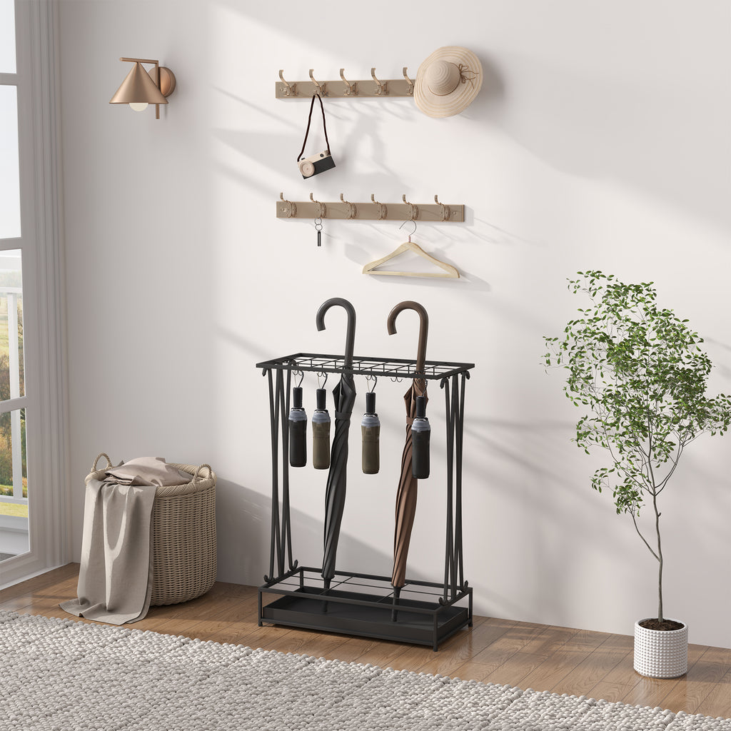 Suporte para Guarda-Chuva Moderno Retangular Suporte para Guarda Chuvas de Aço com 24 Ganchos 21 Espaços e Bandeja Recolhedora de Gotas Amovível para Entrada Escritório 50x24x68 cm Preto — foto 7
