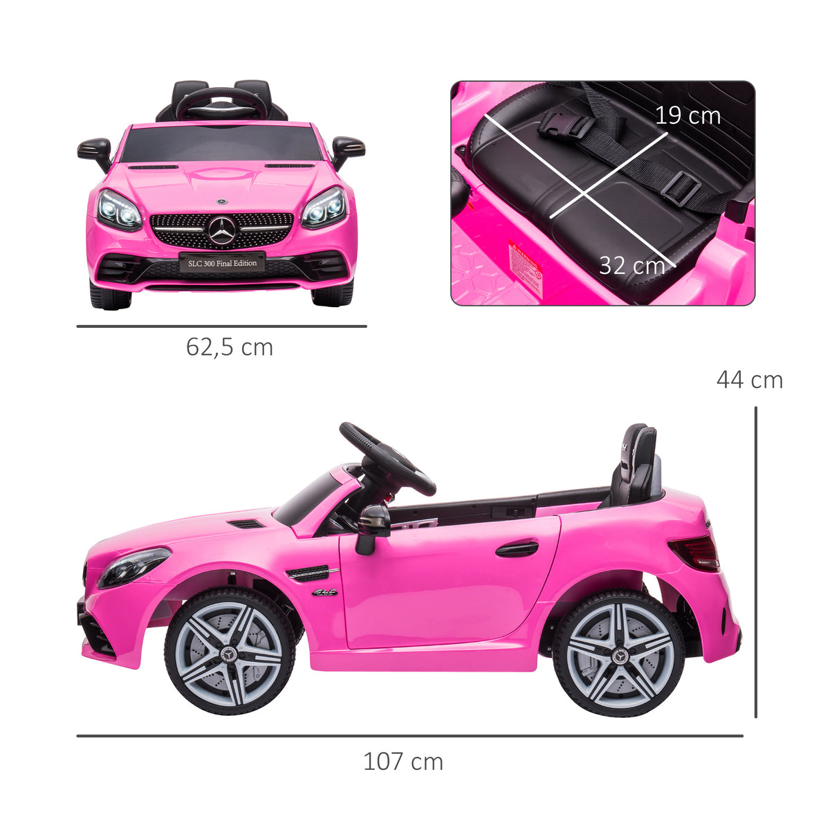 Carro Elétrico Mercedes SLC 300 12V para Crianças de 3-6 Anos com Controlo Remoto Faróis LED Buzina Música TF USB e Abertura da Porta 3-5km/h 107x62,5x44cm Rosa — foto 3