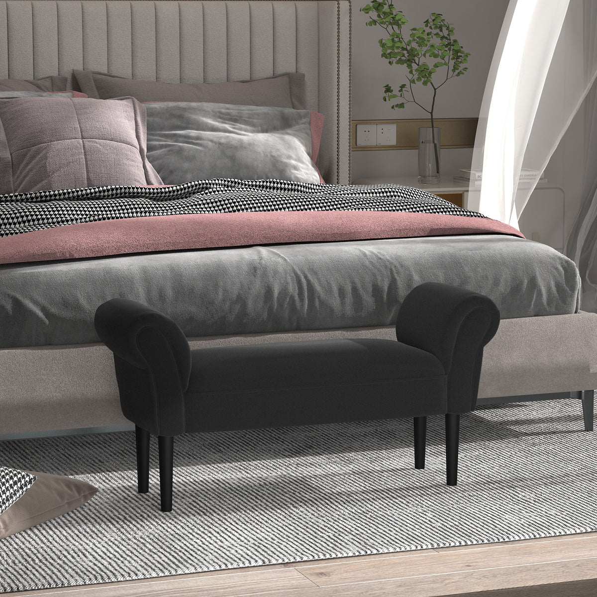 Banco de Pé de Cama Banco com Braços Curvados Estofado e Pés de Madeira para Dormitório Entrada Sala de Estar Carga Máxima 130kg 102x31x51cm Preto — foto 2