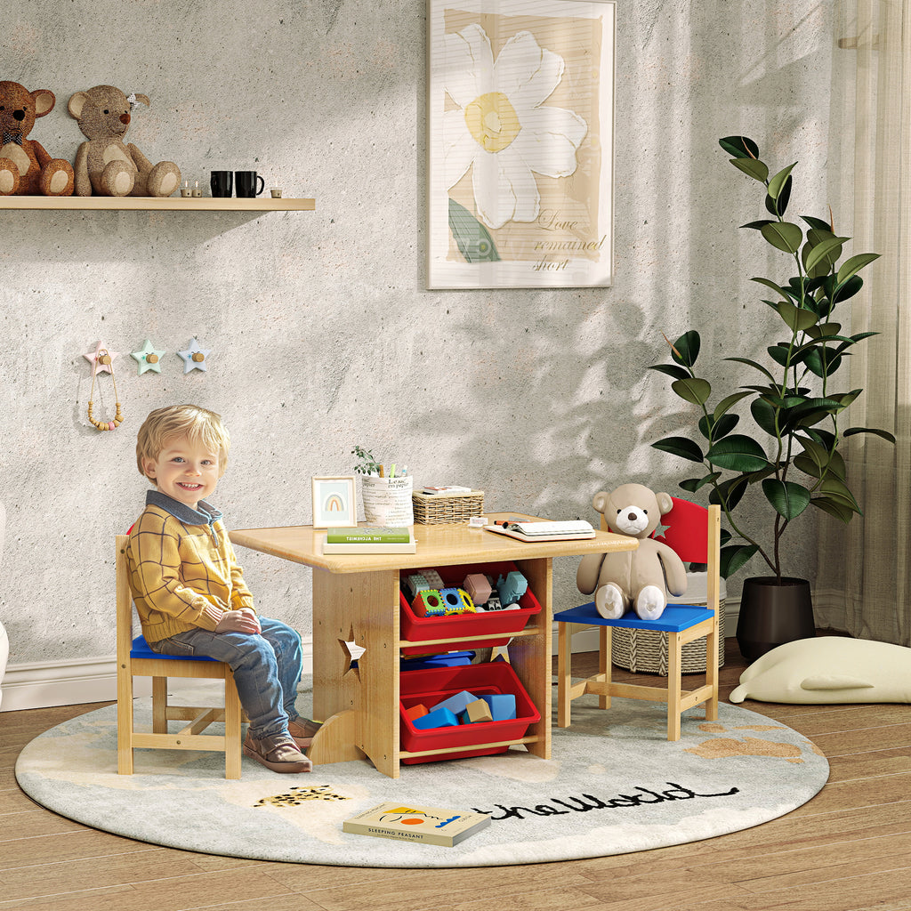 Mesa e Cadeiras para Crianças de 3 Peças Mesa Infantil com 2 Cadeiras e 4 Cestos de Arrumação Conjunto de Móveis para Crianças acima de 3 Anos para Sala de Jogos Madeira — foto 2