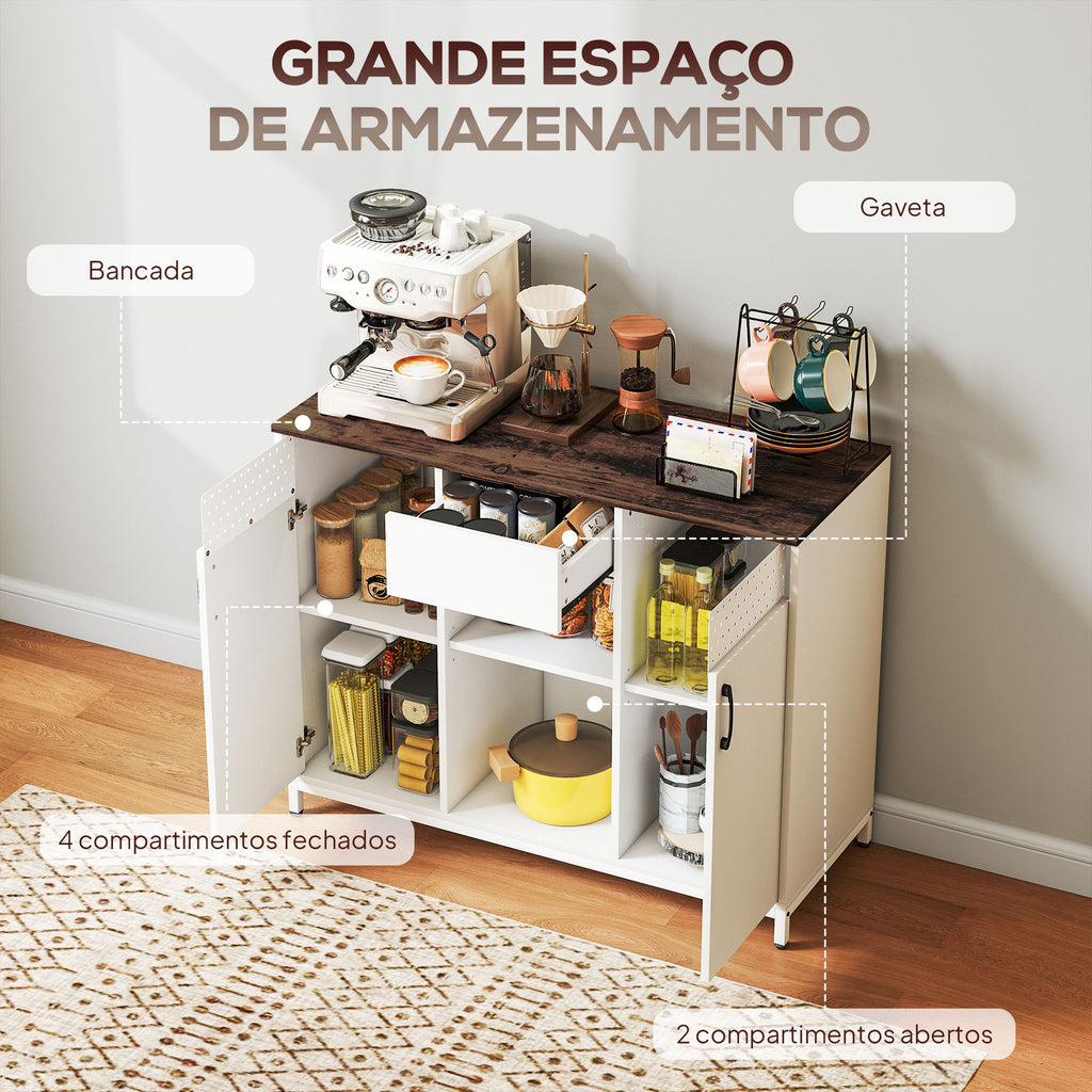 Aparador de 2 Portas com Orifícios Aparador de Sala com 2 Compartimentos e Gaveta Prateleiras Ajustáveis para Cozinha Entrada Dormitório 100x40x80 cm Branco e Castanho Rústico — foto 4