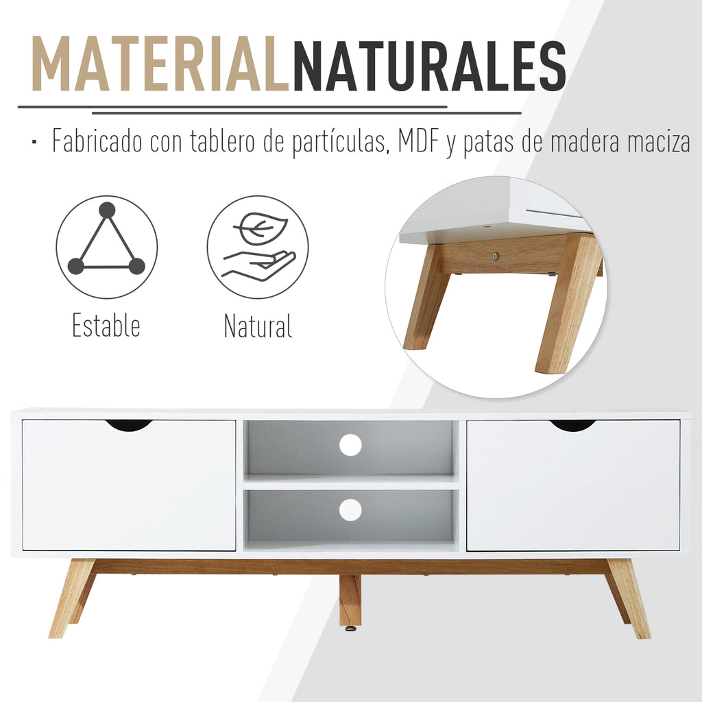 Móvel de TV para Televisores de até 65 Polegadas Móvel de TV com 2 Armários Prateleiras Abertas Puxador Oco Pés de Madeira de Borracha e Orifício Passa Cabos 150x39x50 cm Branco e Madeira — foto 5
