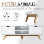 Móvel de TV para Televisores de até 65 Polegadas Móvel de TV com 2 Armários Prateleiras Abertas Puxador Oco Pés de Madeira de Borracha e Orifício Passa Cabos 150x39x50 cm Branco e Madeira — foto 5