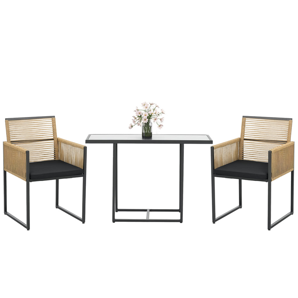 Conjunto de Mesa e Cadeiras de Jardim Conjunto de 3 Peças com 2 Cadeiras com Encosto Dobrável e Almofadas e Mesa de Vidro para Terraço Pátio Natural e Preto — foto 1