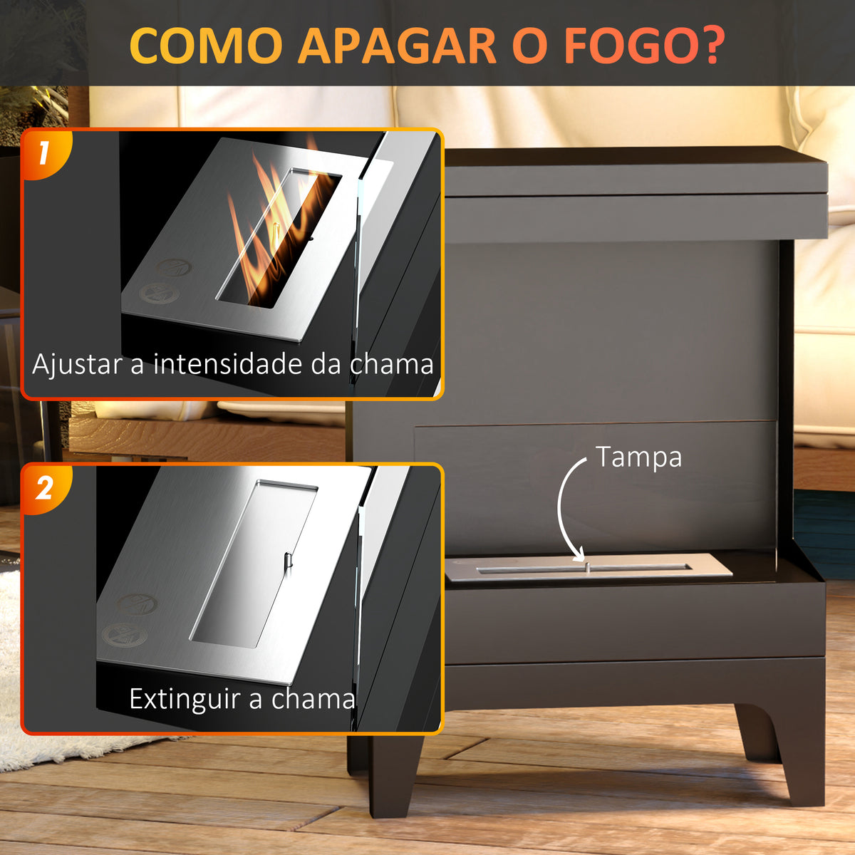 Lareira de Bioetanol Lareira de Bioetanol de Pé com Depósito de 0,9L Apagador de Chamas de Aço Inoxidável Tempo de Combustão 3,3H para Interiores 15-20 m² 38x22x54 cm Preto — foto 5