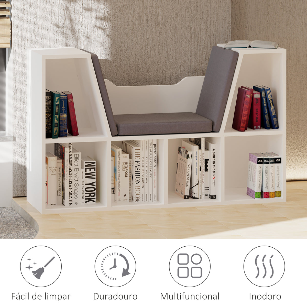 Estante Infantil com Assento Estante com 6 Cubos e Banco com Almofada 102x30x61cm Branco e Cinzento — foto 7