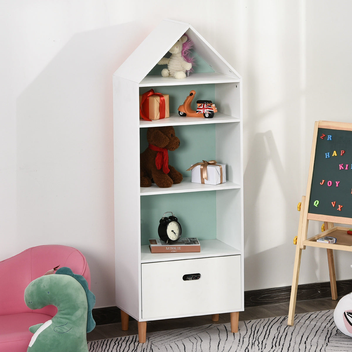 Estante infantil Estante de madeira para crianças para livros Brinquedos DVDs com 4 prateleiras 1 mesa de gaveta 2 cores Design compacto 50x30x142 cm Branco — foto 2