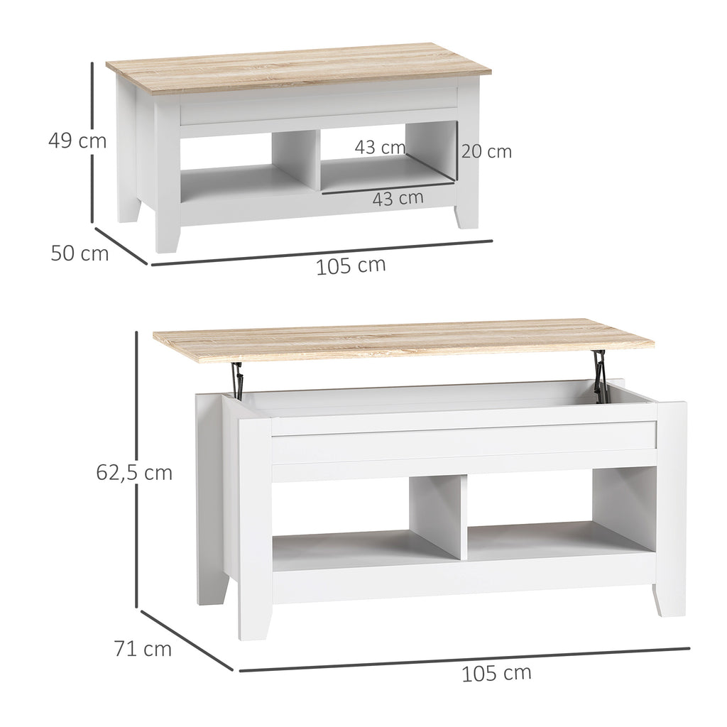 Mesa de Centro com Bancada Elevável Mesa de Centro com 2 Compartimentos Abertos Bancada de Madeira Mesa Retangular para Sala de Estar 105x50x49 cm Branco e Madeira — foto 3