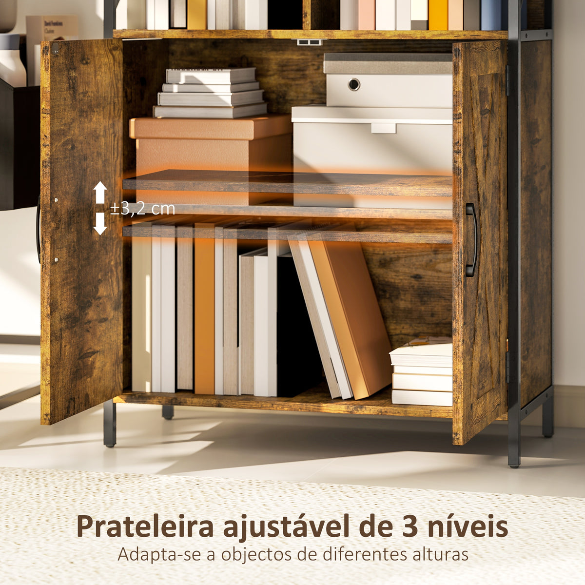 Estante de 6 Níveis Estante de Livros com 6 Compartimentos Abertos 2 Portas e Prateleira Ajustável Estilo Industrial para Sala Escritório Quarto 75x34x172 cm Castanho Rústico — foto 5